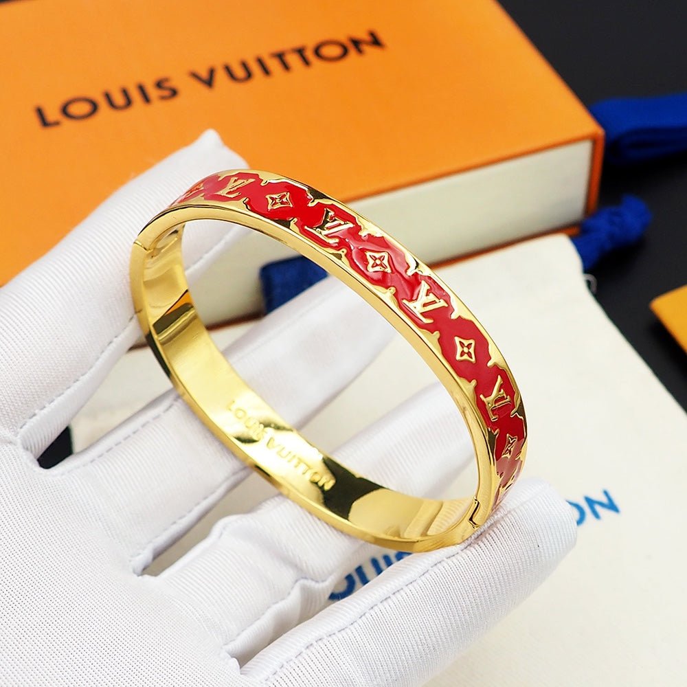 LV Gloss Gold Red Enamel Cuff Bangle - Image 4