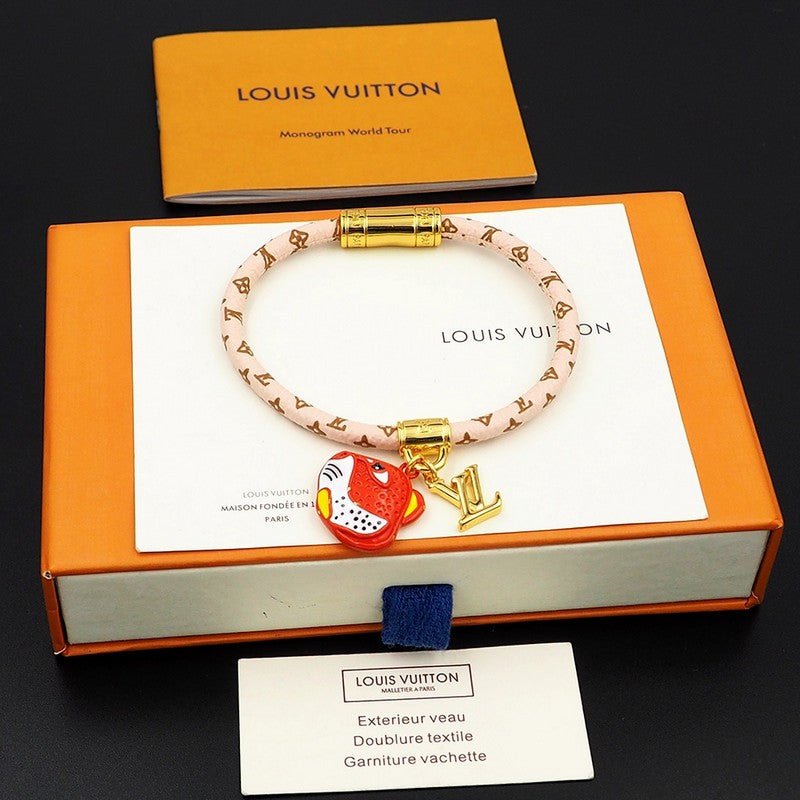 LV Black White Leather Gold Charm Bracelet - Image 17