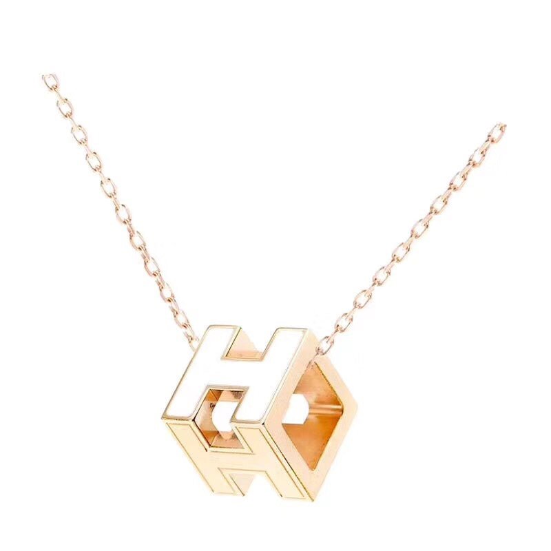 Hermès White Enamel Gold Cube H Necklace - Image 6