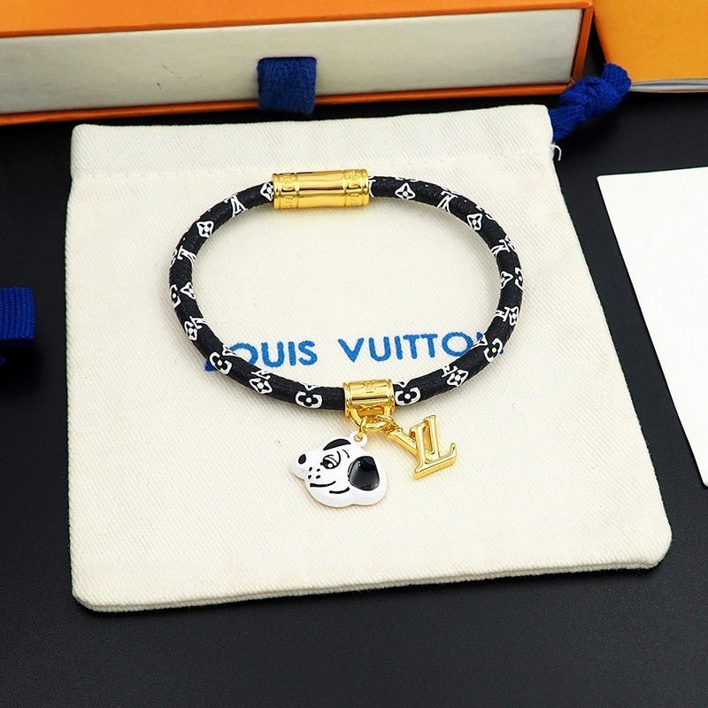 LV Black White Leather Gold Charm Bracelet - Image 10