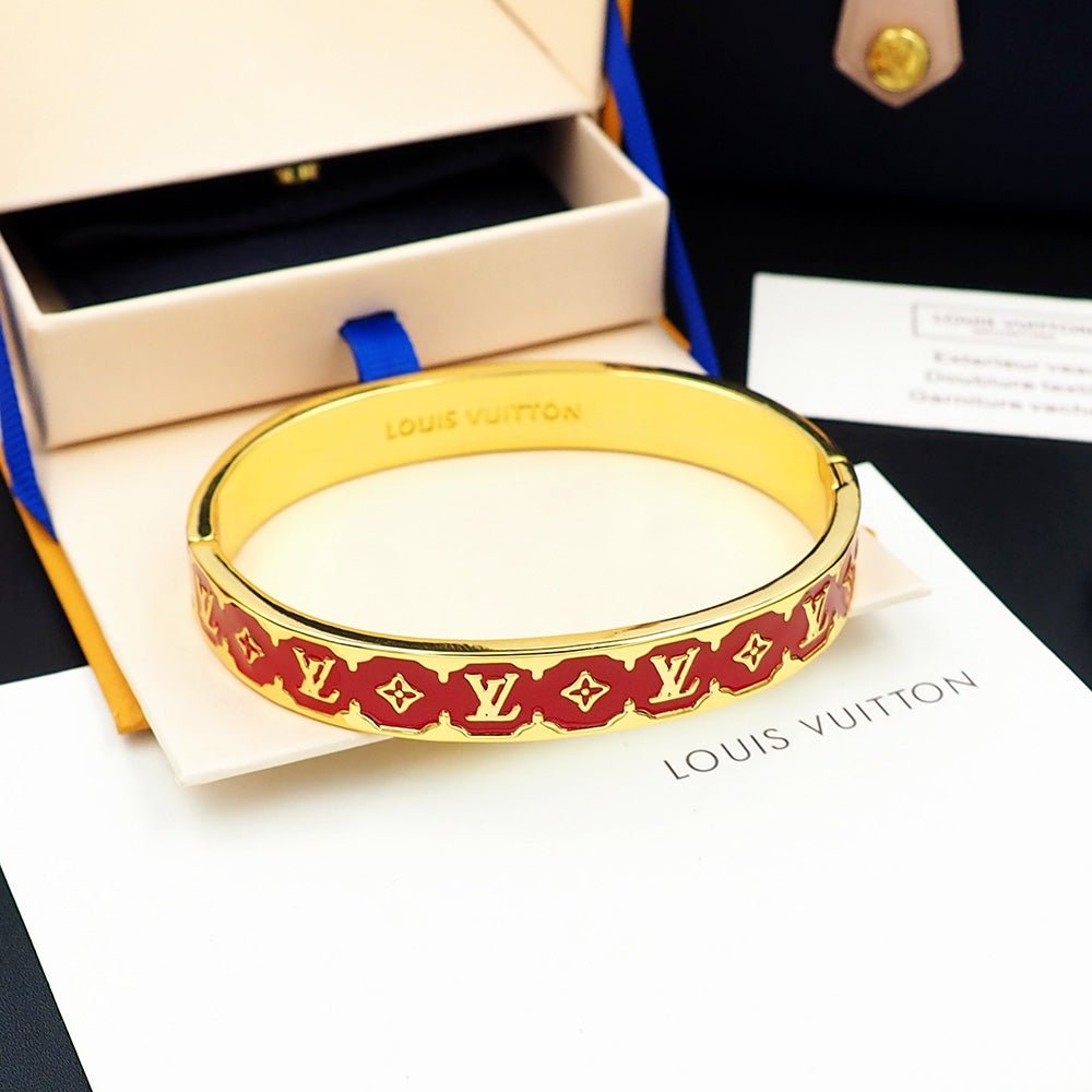 LV Gloss Gold Red Enamel Cuff Bangle - Image 12