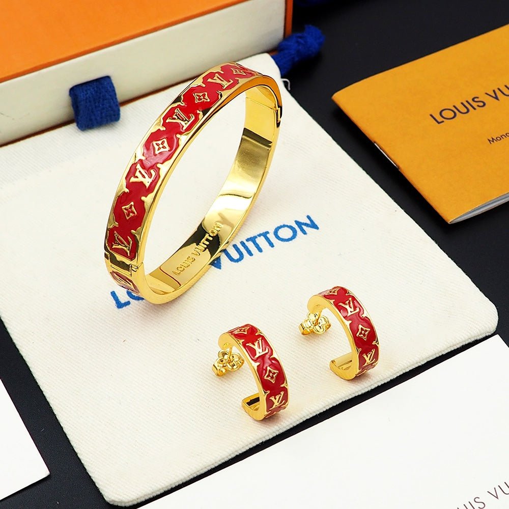 LV Gloss Gold Red Enamel Cuff Bangle - Image 13