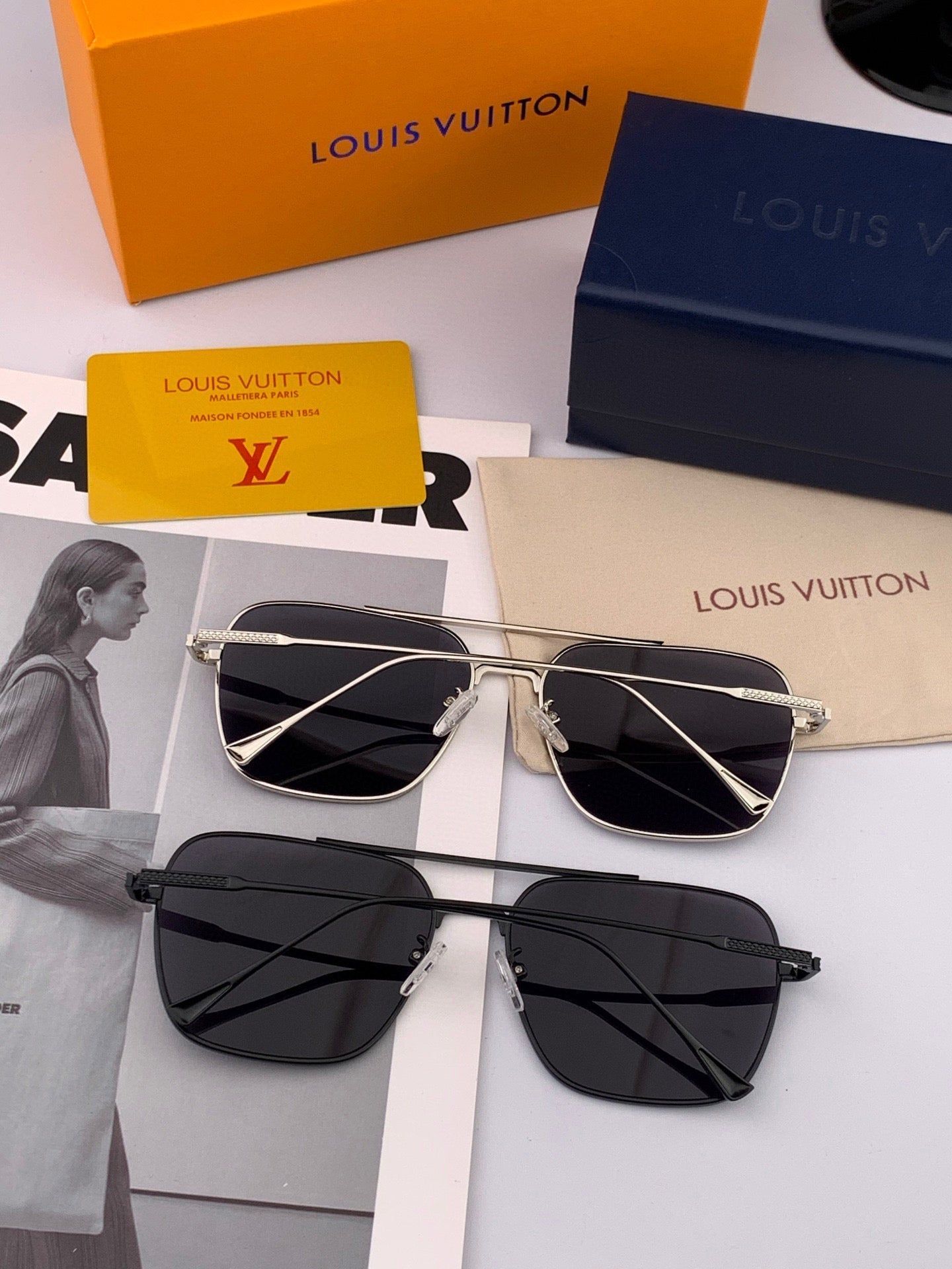 LV Silver Metal Double Bridge Pilot Sunglasses - Image 5
