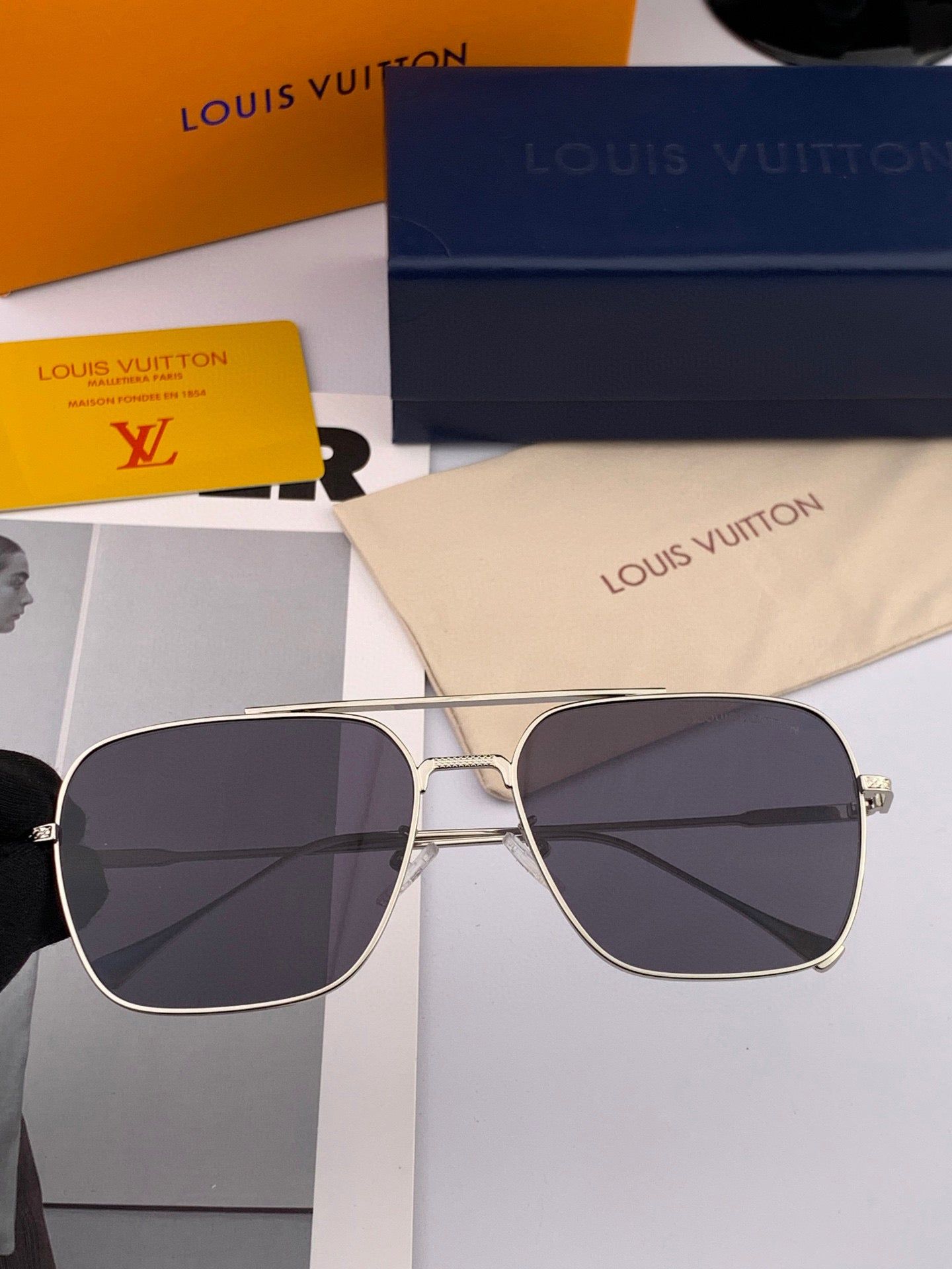 LV Silver Metal Double Bridge Pilot Sunglasses - Image 3