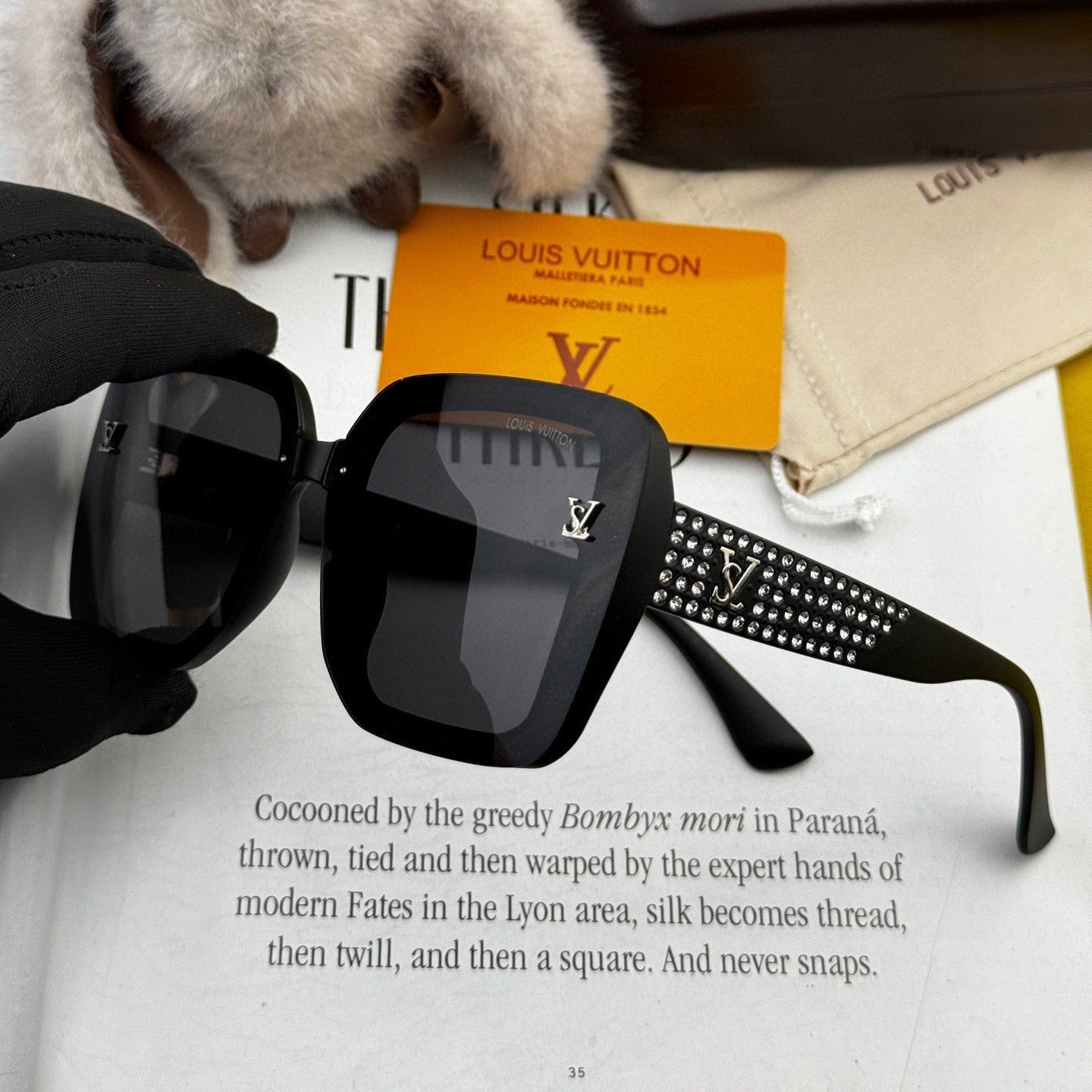 LV Black Acetate Rhinestone Square Sunglasses