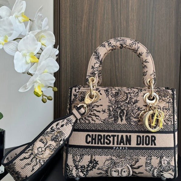 Dior Lady 24 Black Beige Canvas Bag