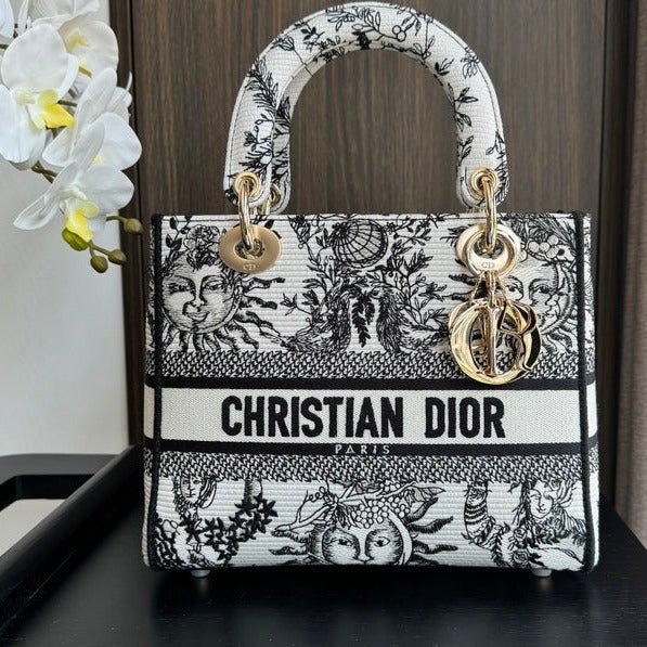 Dior Lady Medium 24cm Black White Sun Canvas Bag