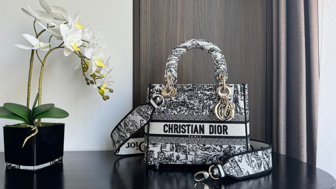 Dior Lady Medium 24cm Black White Canvas Bag - Image 8