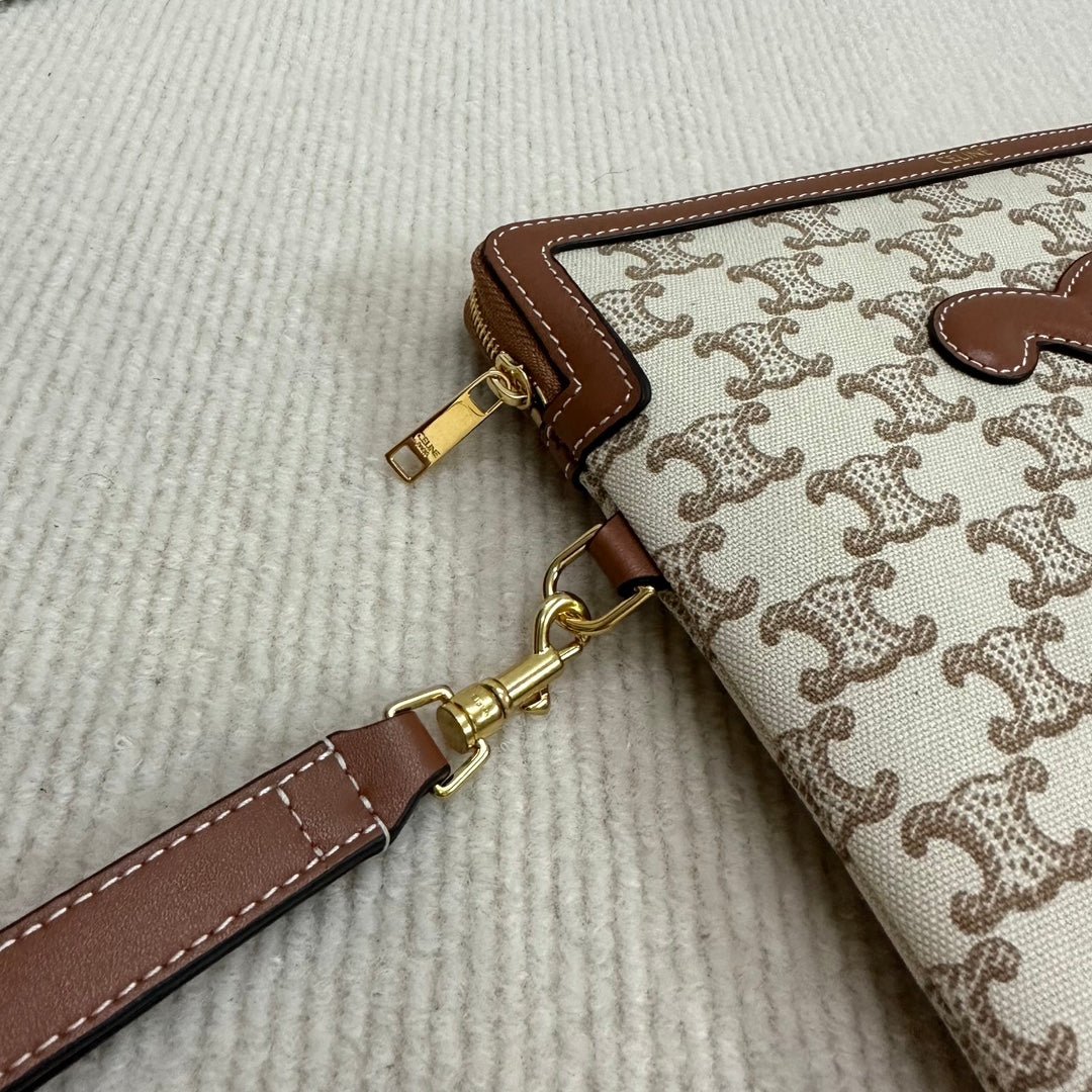 Alternative view of CELINE SMALL POUCH 25 IN BEIGE TRIOMPHE TEXTILE AND BROWN CALFSKIN