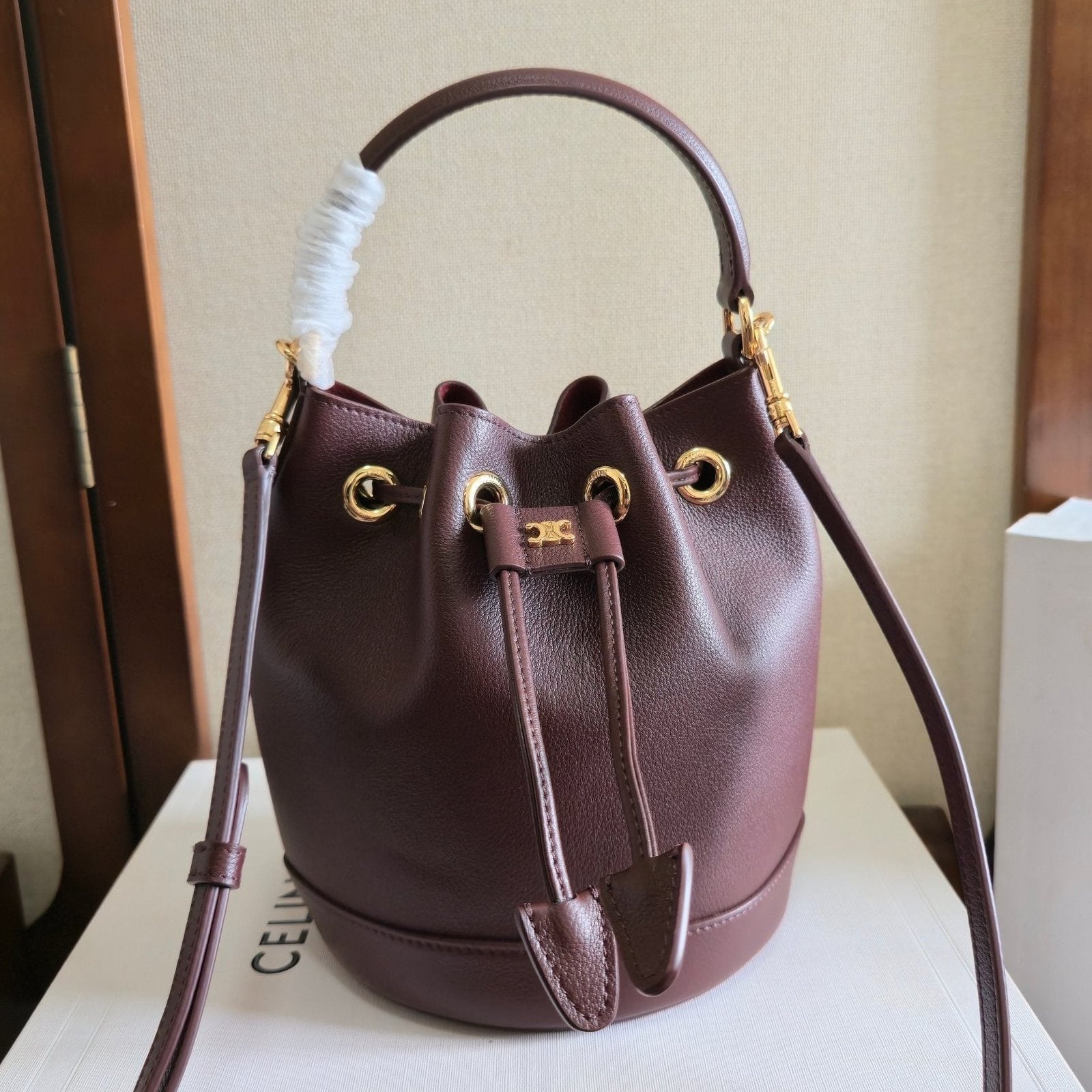 Celine Triomphe Burgundy Mini Bucket