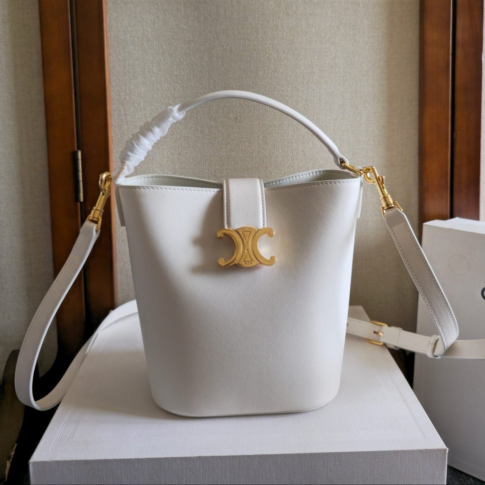 Celine Louise 19 White Bucket Bag