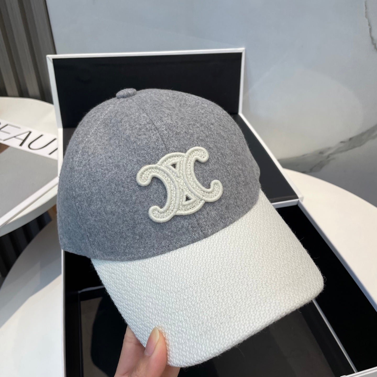 Alternative view of Celine Triomphe Grey White Two-Tone Felt Cap