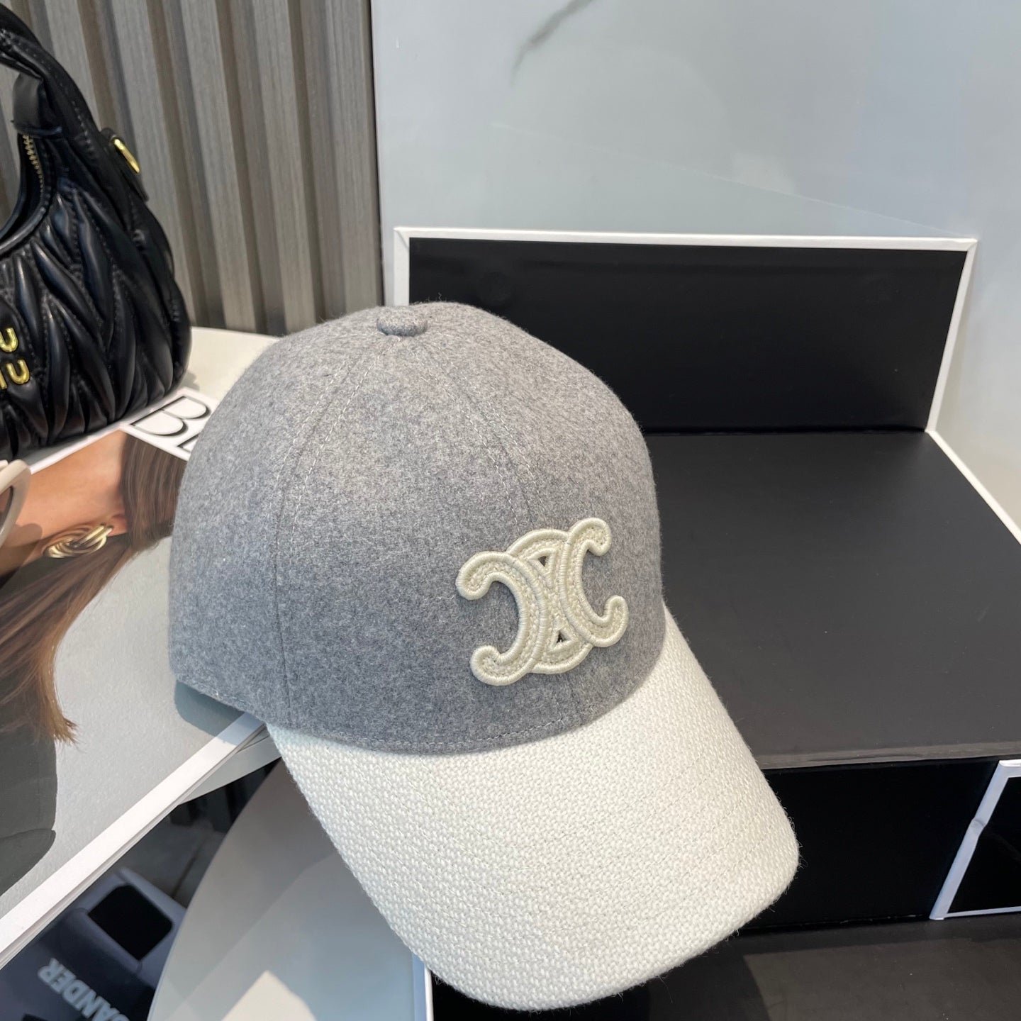 Celine Triomphe Grey White Two-Tone Felt Cap - Image 5