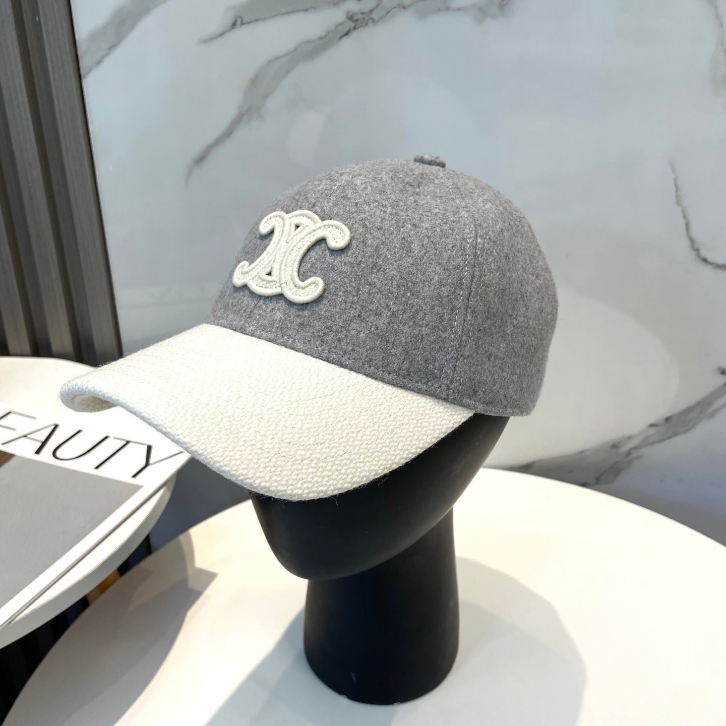 Celine Triomphe Grey White Two-Tone Felt Cap