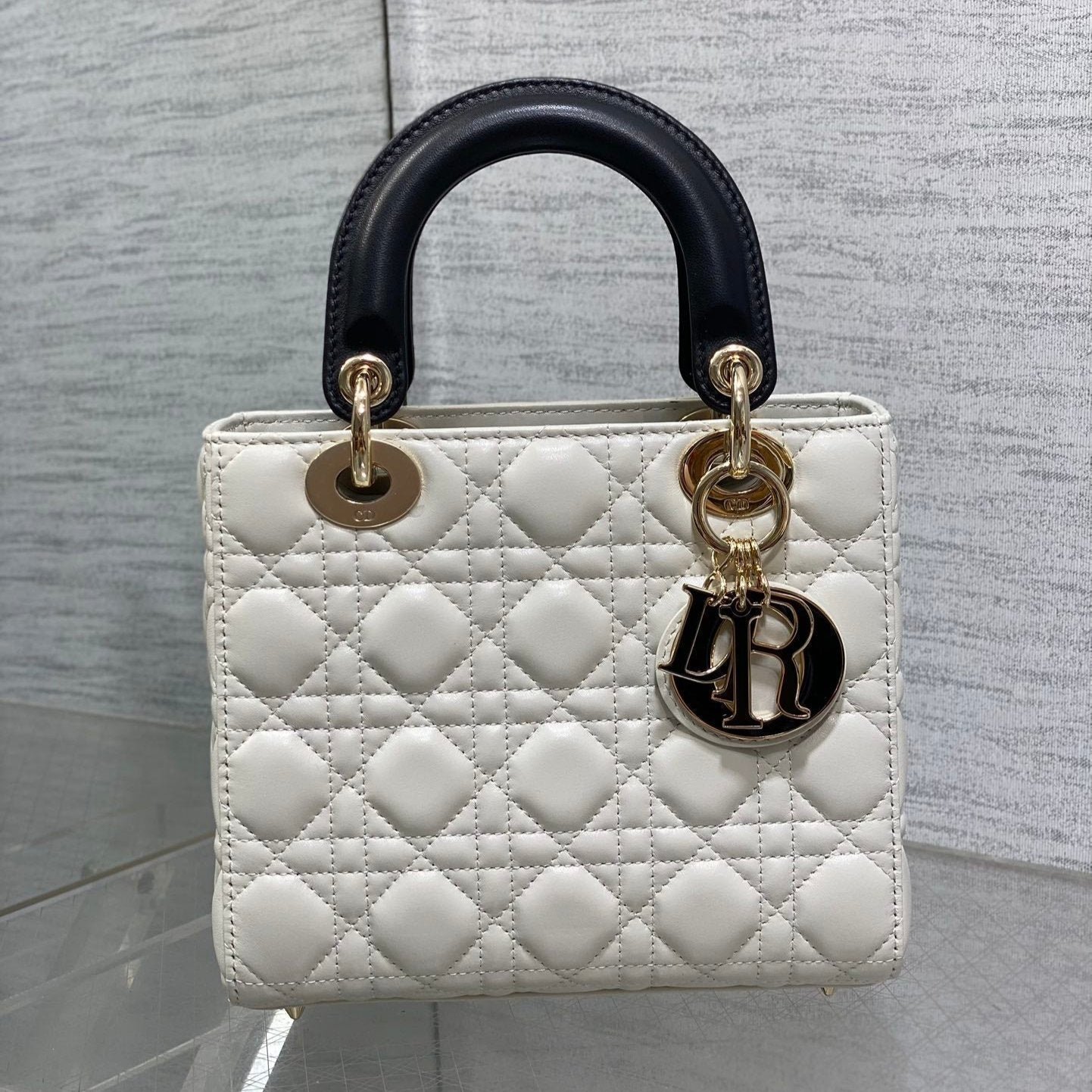 Dior Small Lady 20 White Black Lambskin
