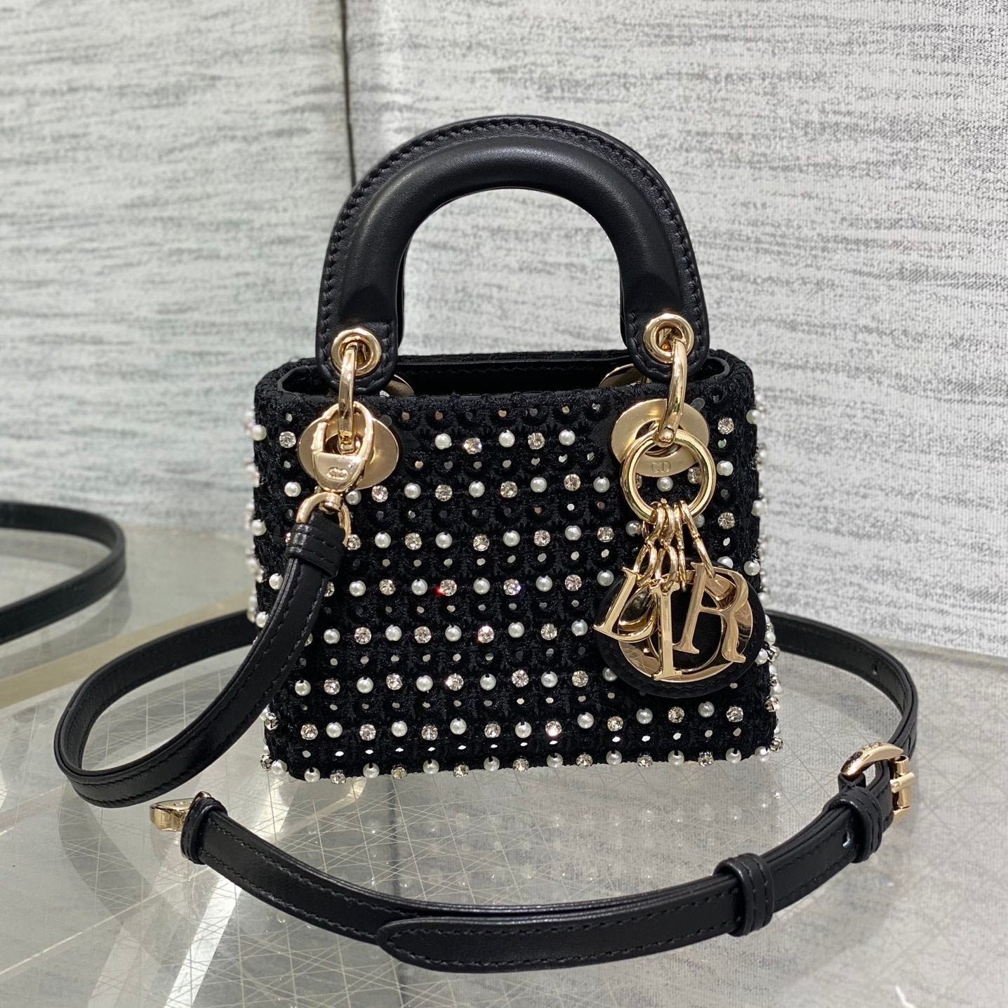 Dior Lady Micro Bag 10cm Black Canvas With Pearl