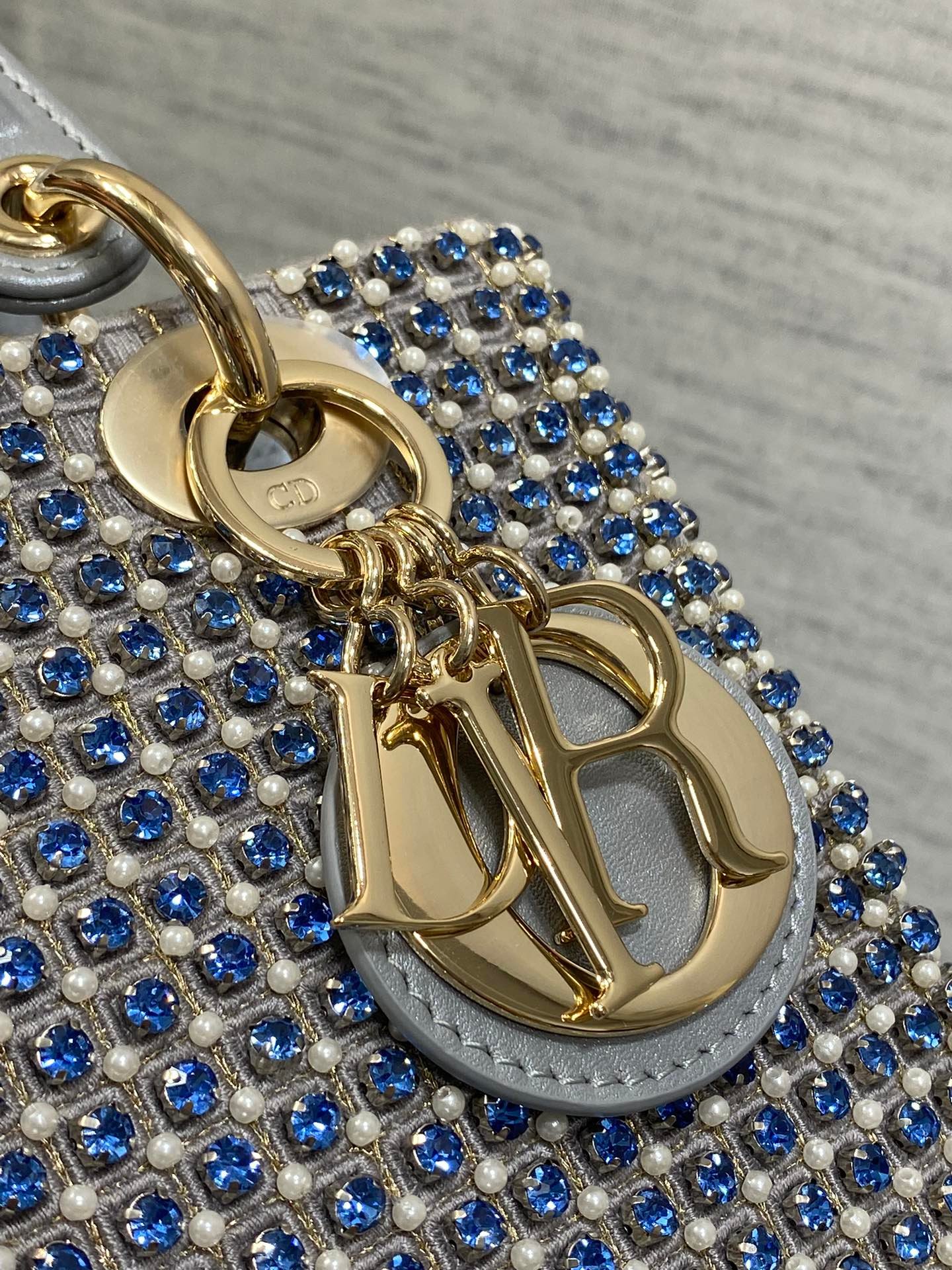 Dior Lady Medium Silver Metallic Lambskin Pearl Bag - Image 8