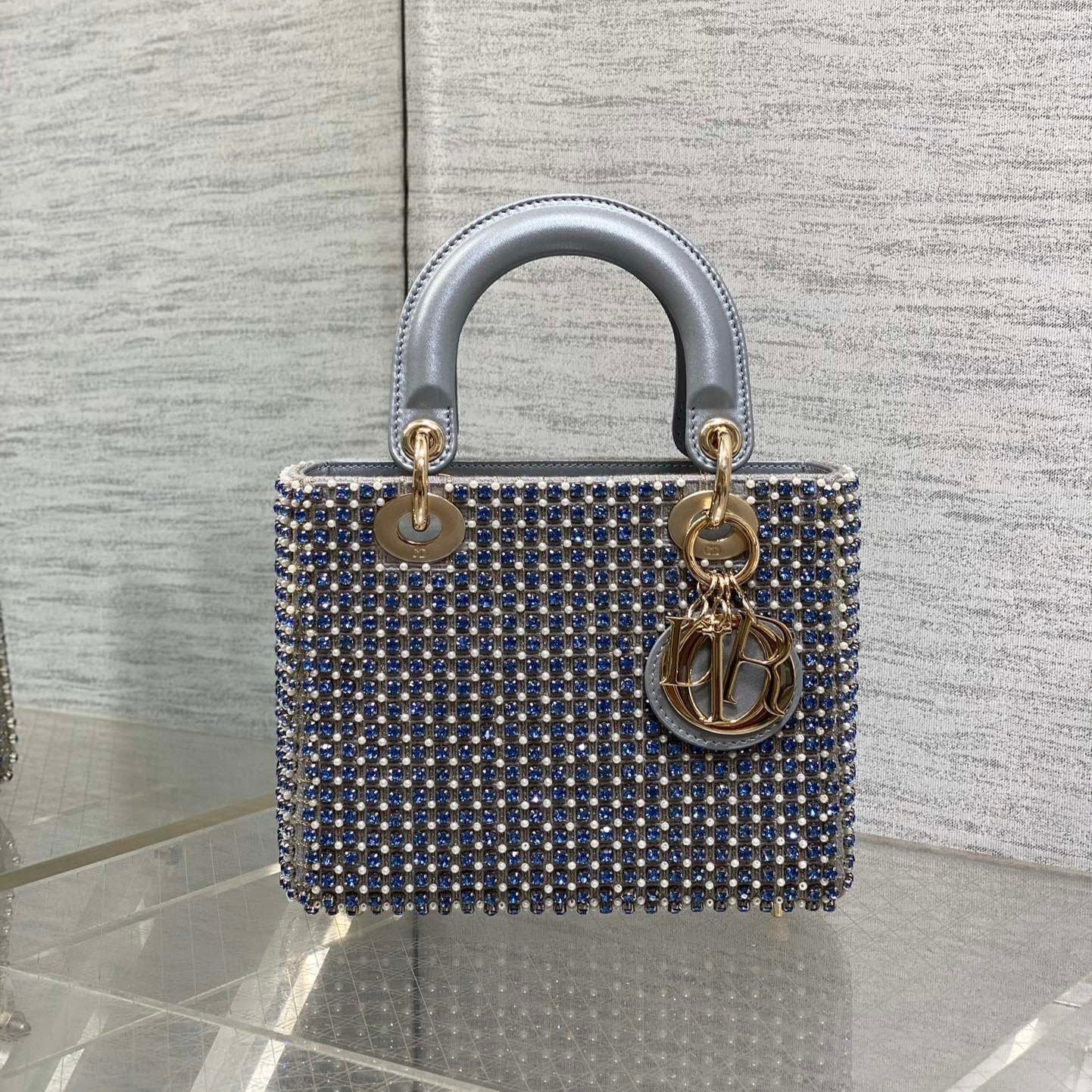 Dior Lady Medium Silver Metallic Lambskin Pearl Bag