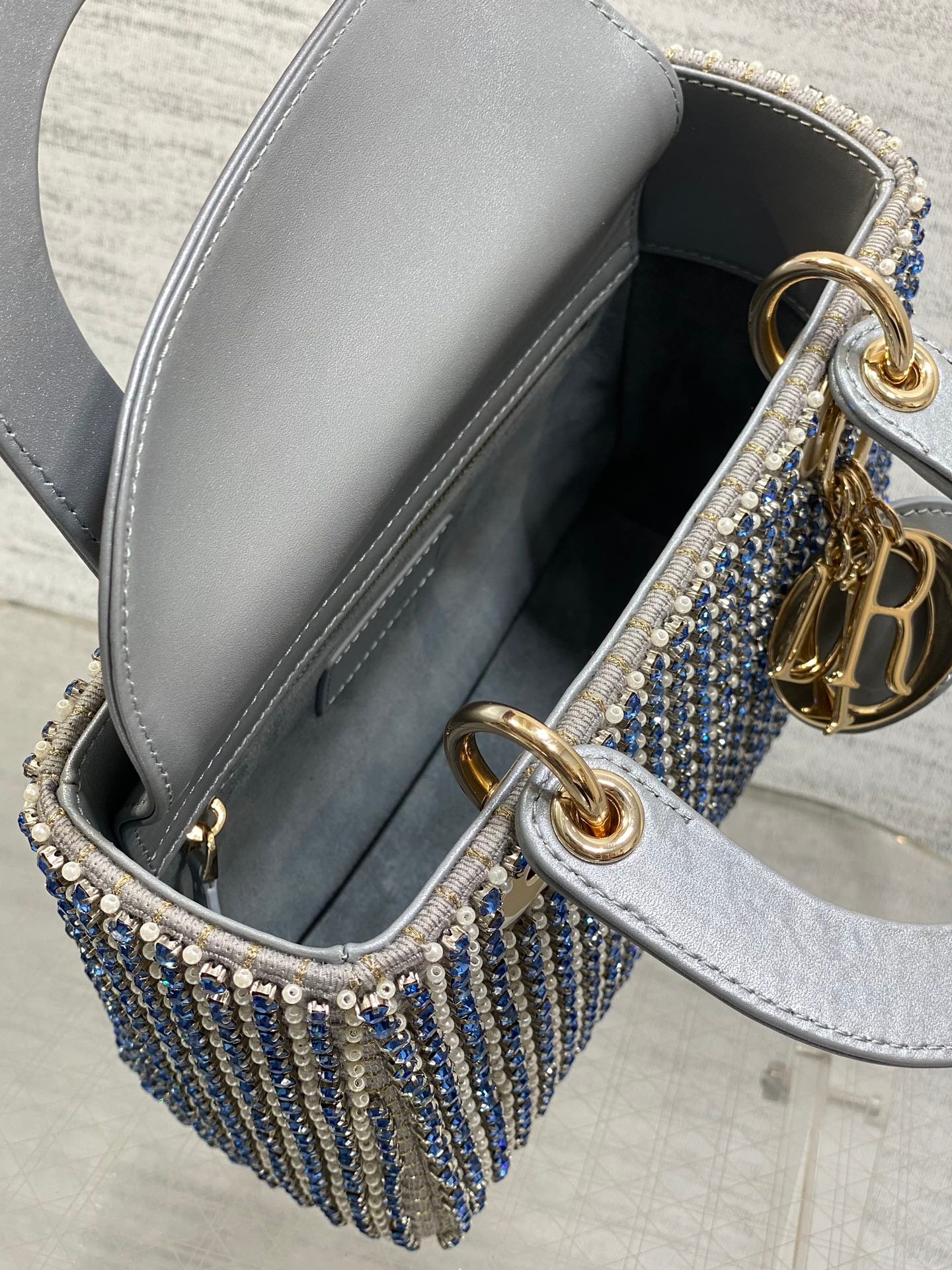 Dior Lady Medium Silver Metallic Lambskin Pearl Bag - Image 7
