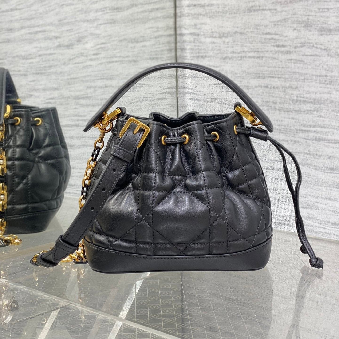 Dior Jolie Series Black Checked Lambskin Drawstring Bag