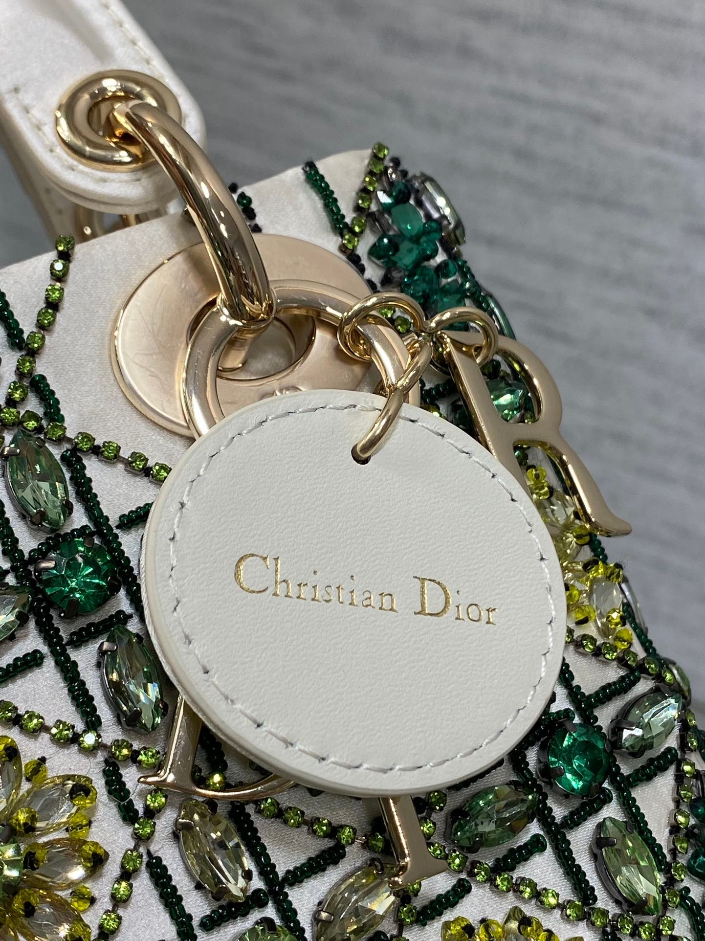 Dior Mini Lady White Satin Green Beaded Bag - Image 9