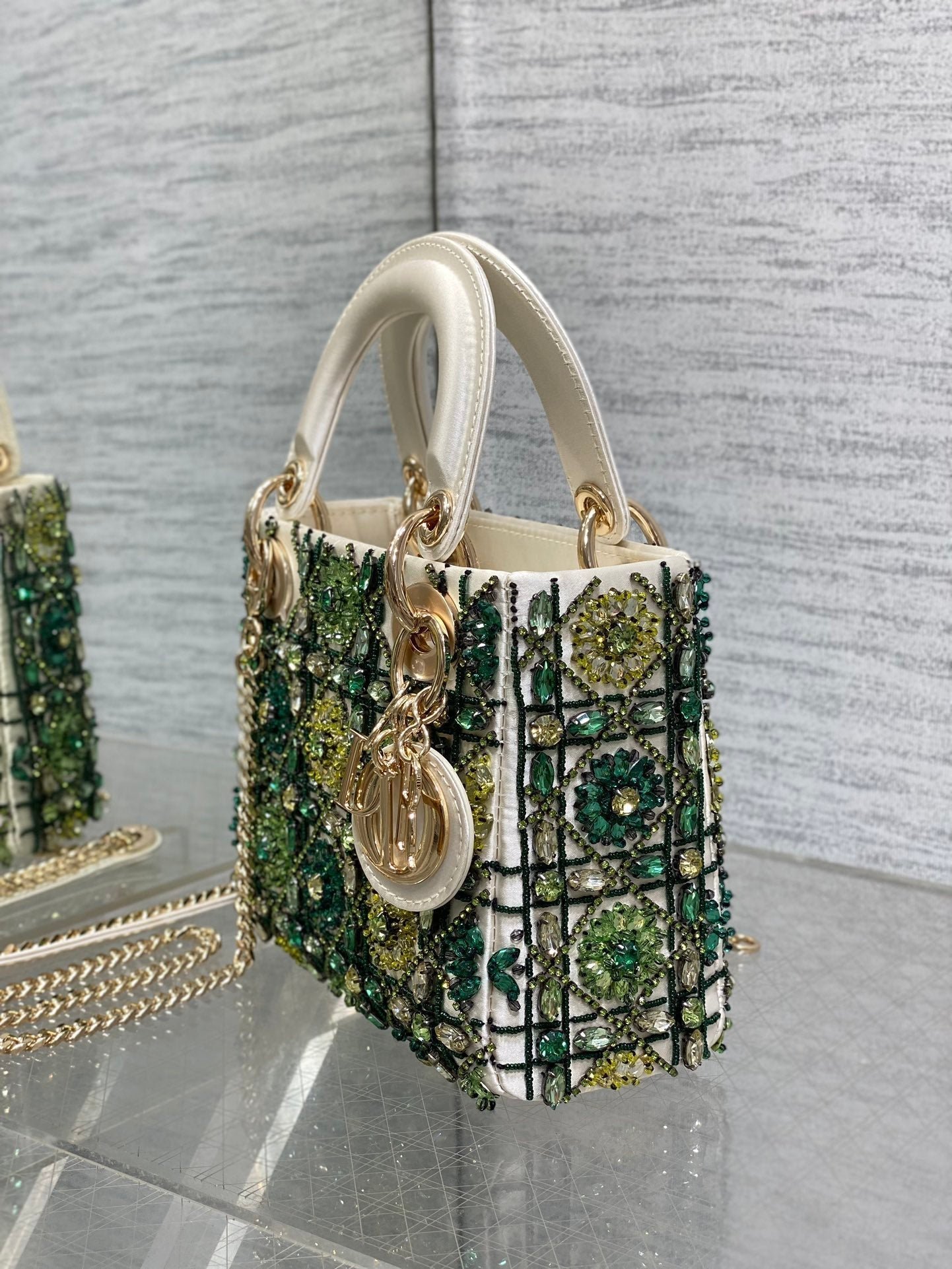 Dior Mini Lady White Satin Green Beaded Bag - Image 4