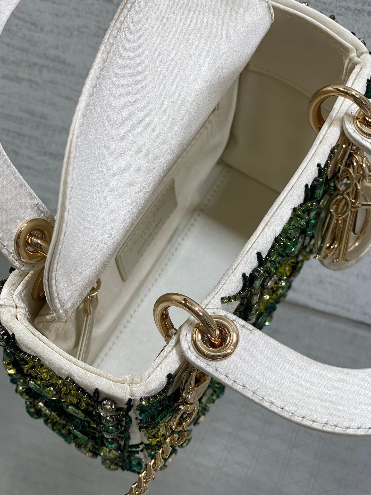 Dior Mini Lady White Satin Green Beaded Bag - Image 8