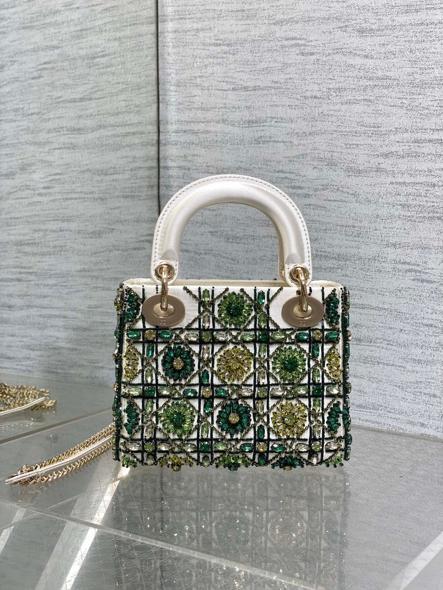 Dior Mini Lady White Satin Green Beaded Bag - Image 3