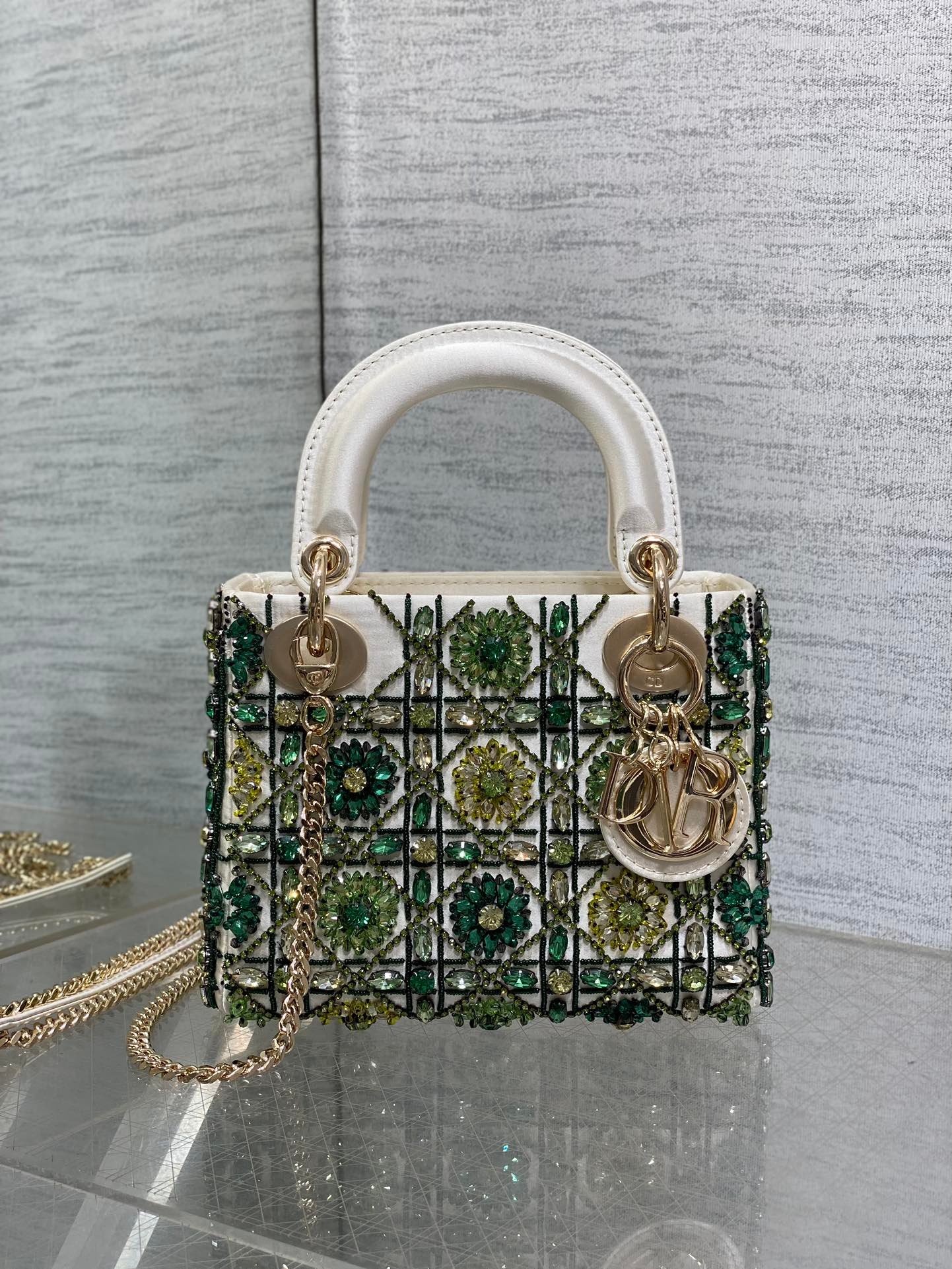 Alternative view of Dior Mini Lady White Satin Green Beaded Bag