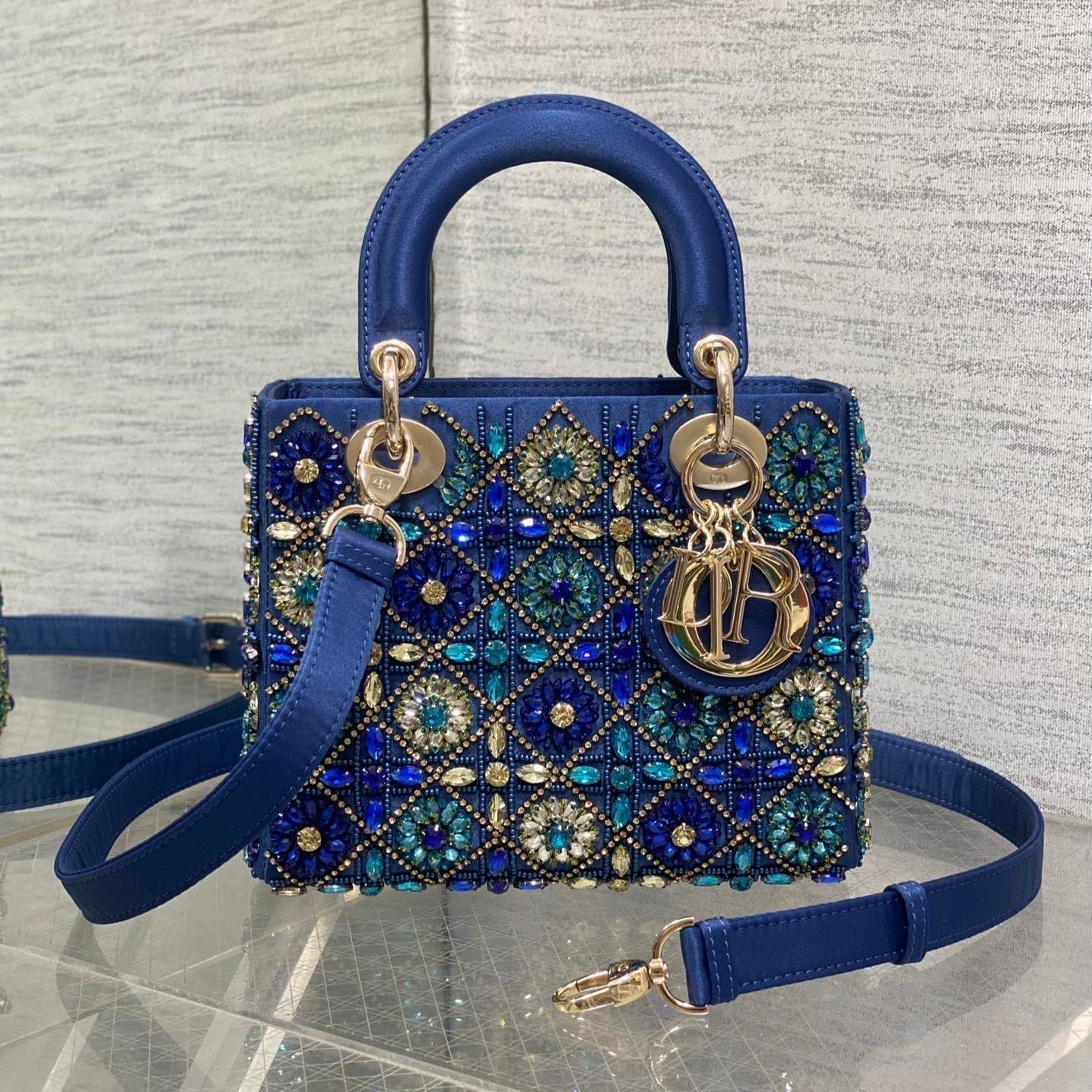 Dior Lady Blue Lambskin Crystal Embellished Handbag