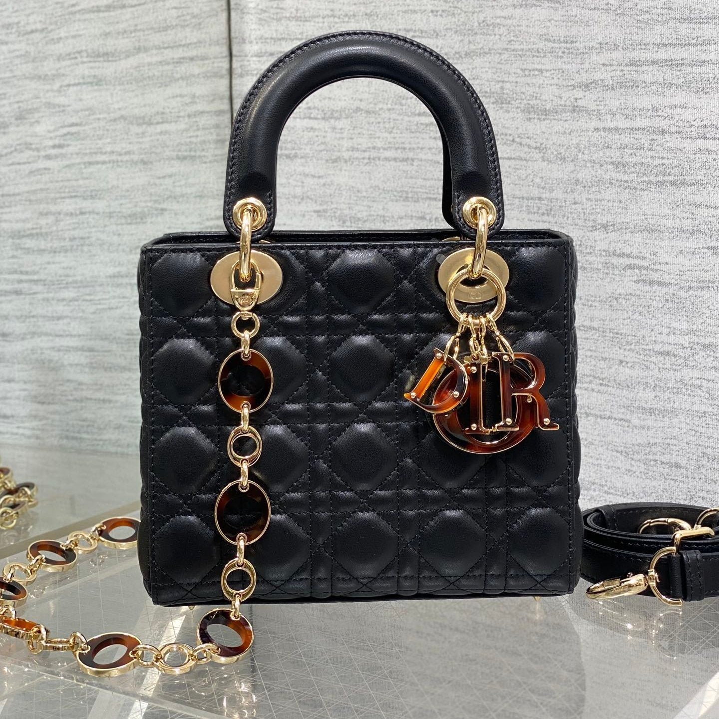 Dior Small Lady Black Lambskin Bag with Charm