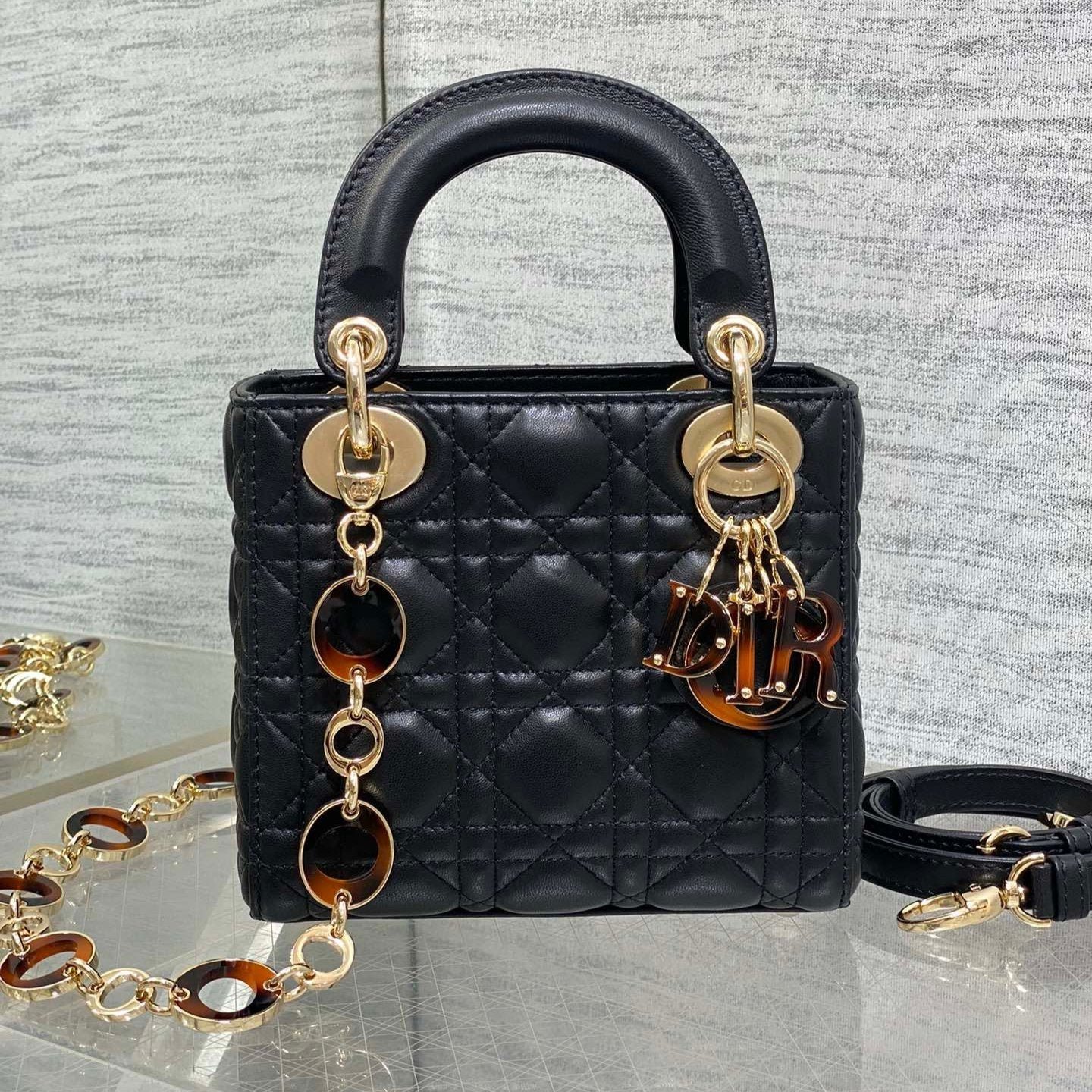 Dior Mini Lady 17cm Black Lambskin Bag with Charm