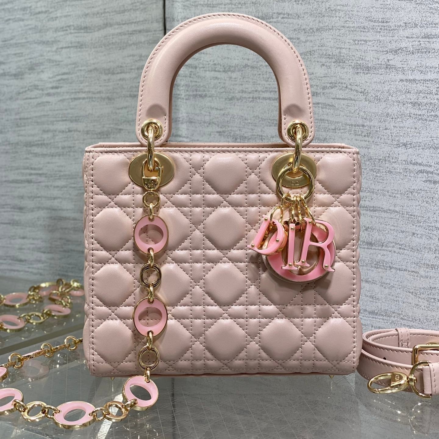 Dior Lady Bag 20CM Pink Lambskin With Pink Charm