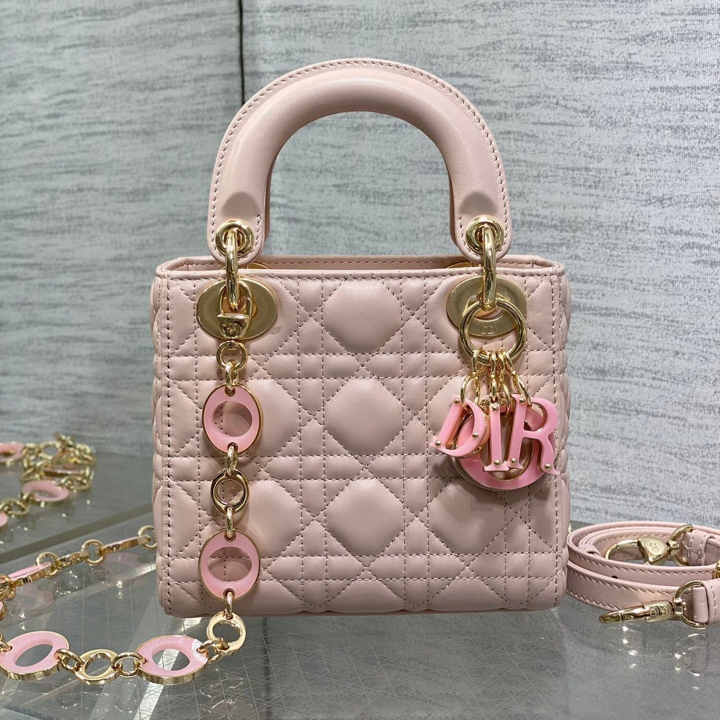 ior Mini Lady 17cm Pink Lambskin Bag with Pink Charm