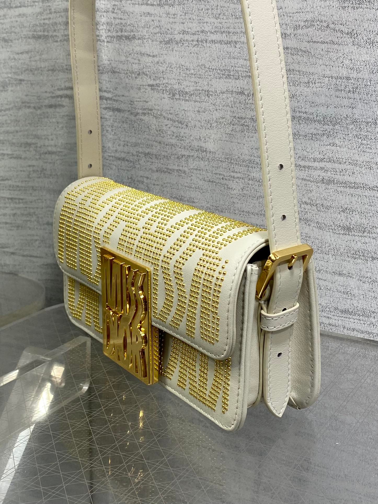 Alternative view of Dior Mini Flap Bag White Lambskin Gold Rhinestones