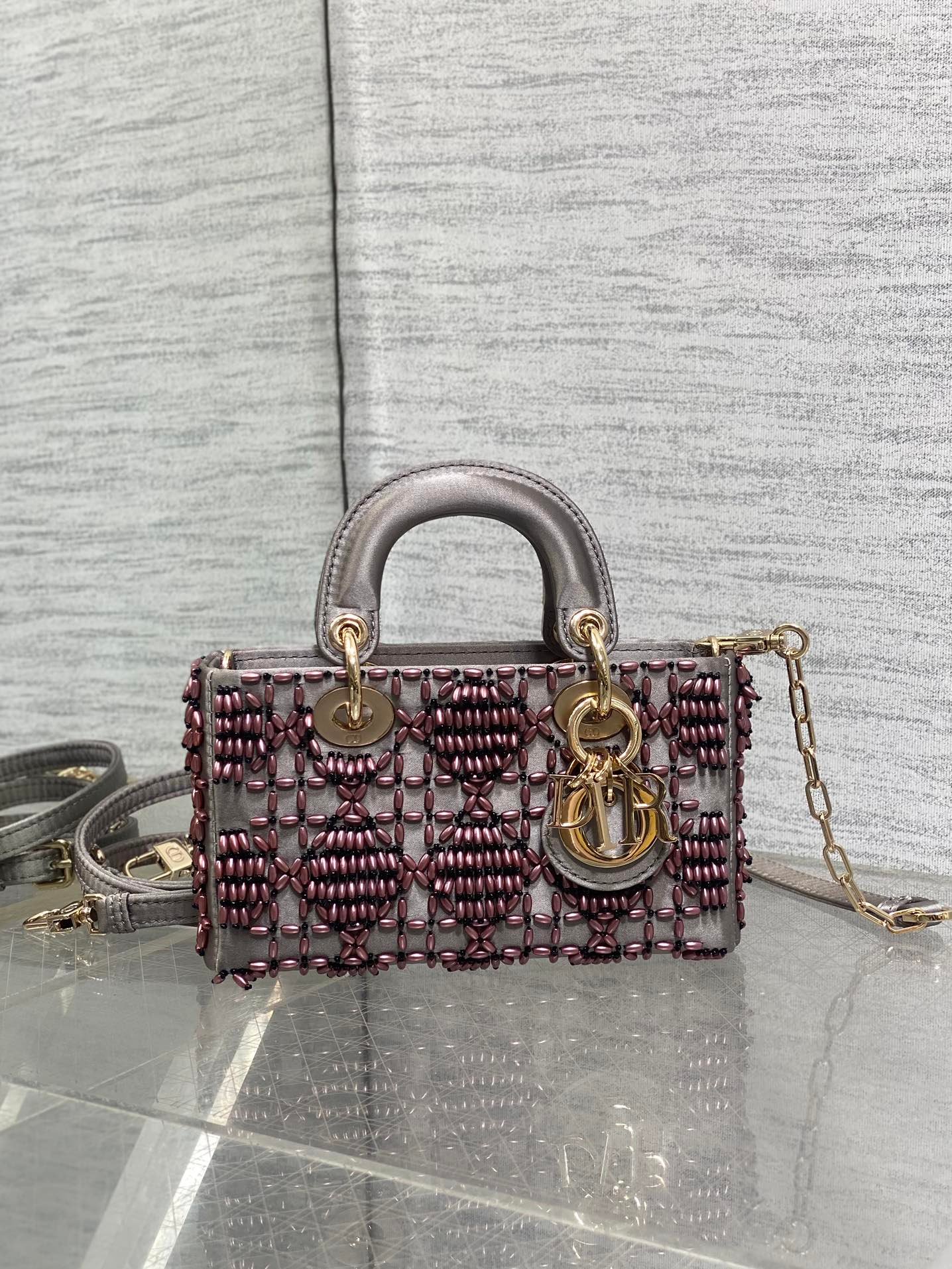 Alternative view of Dior Mini Lady Bag Wenge Brown Satin Calfskin Beaded