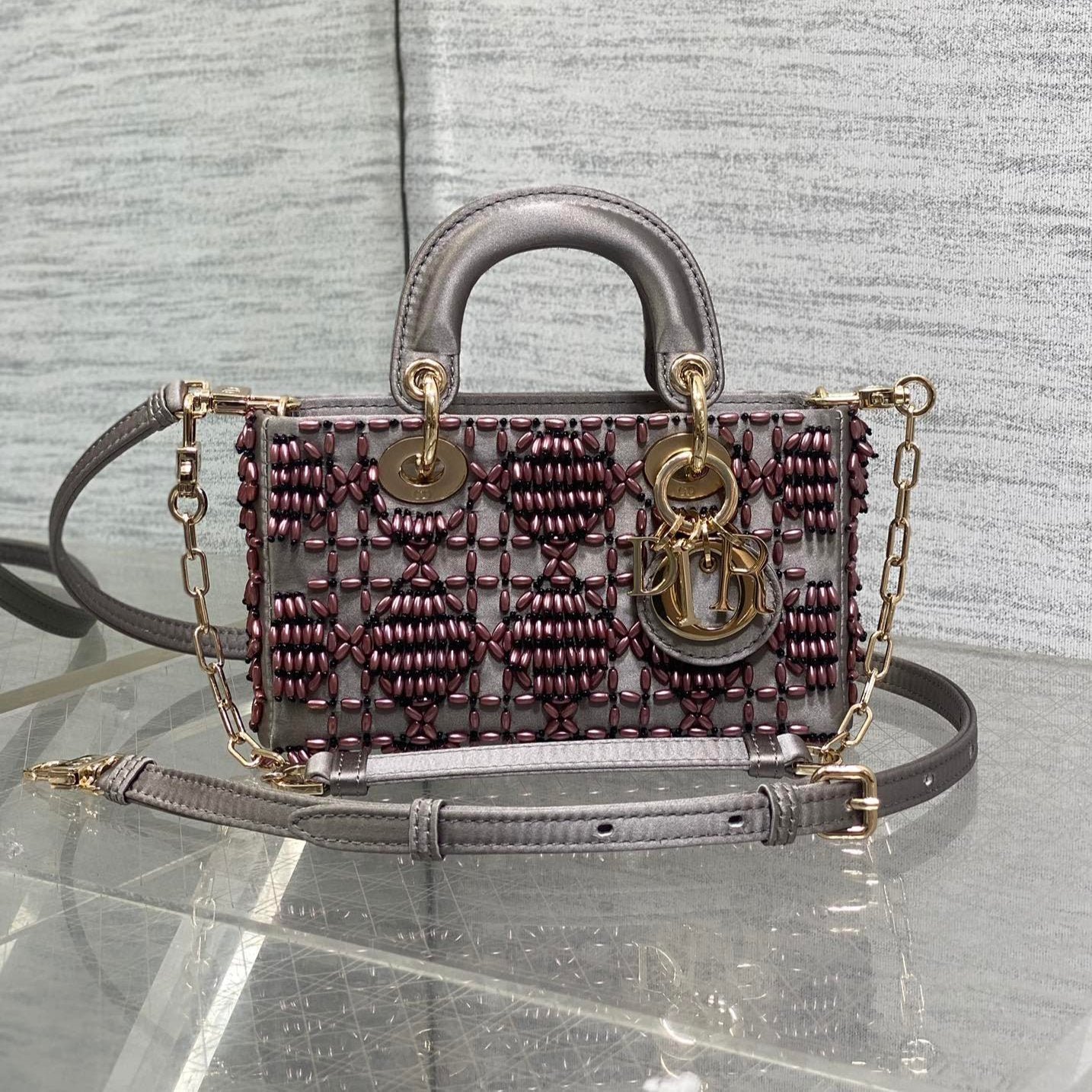 Dior Mini Lady Bag Wenge Brown Satin Calfskin Beaded