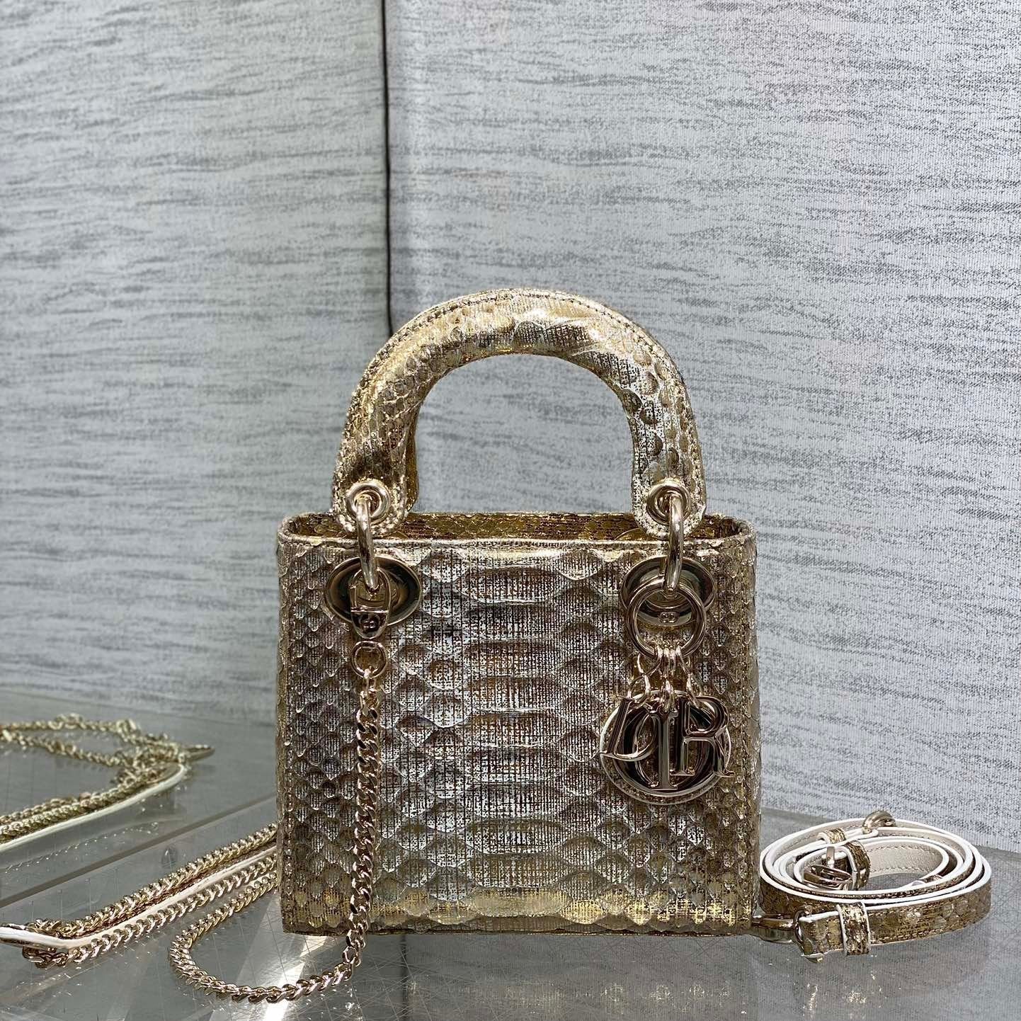 Dior Lady Series Light Gold Snakeskin Handbag