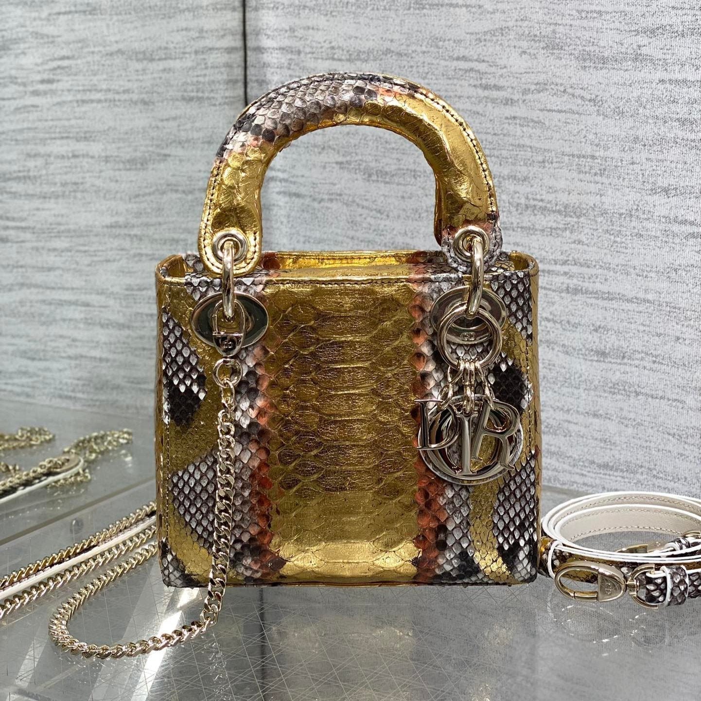Dior Lady Series Golden Snakeskin Lambskin Handbag