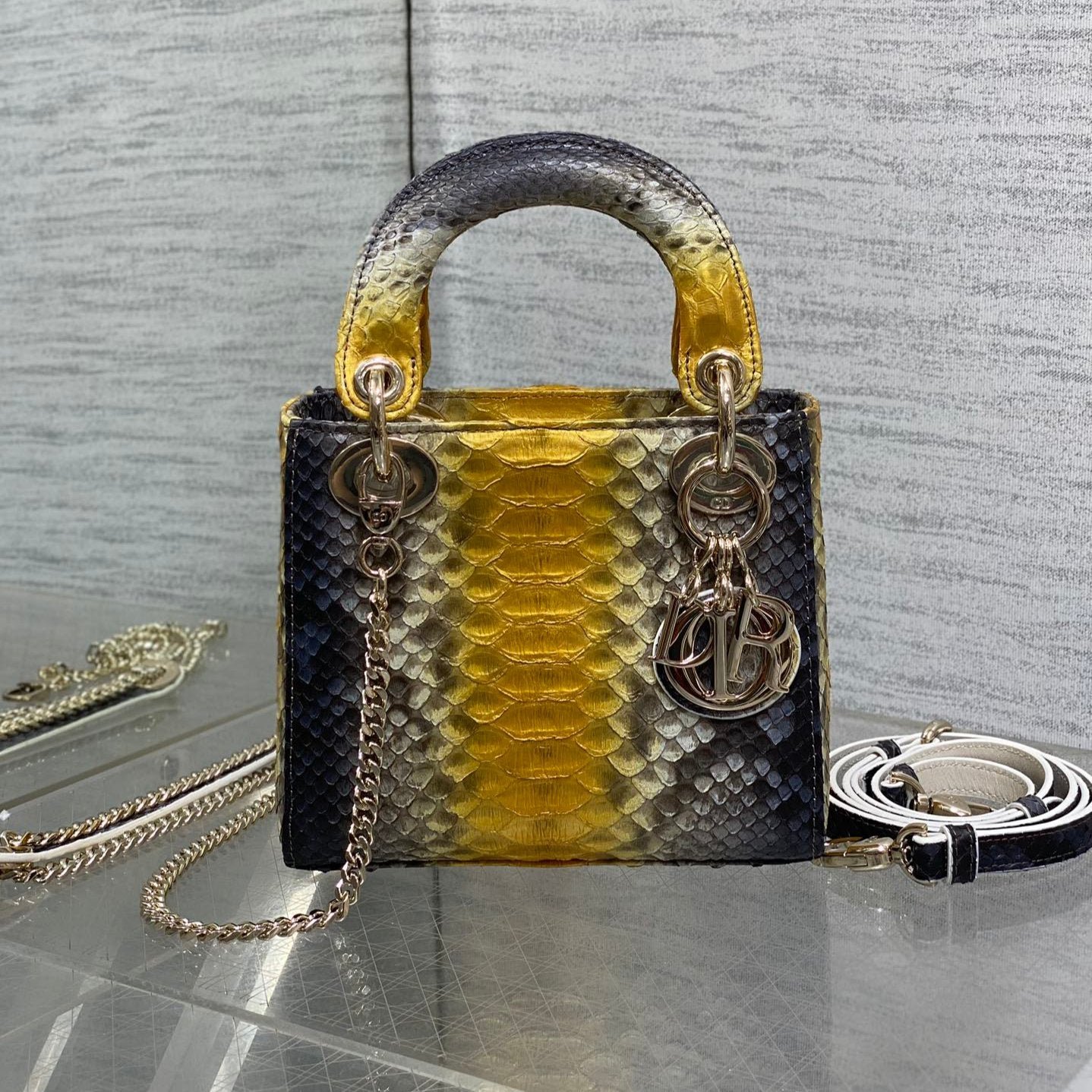 Dior Lady Series Sun Yellow Black Snakeskin Handbag
