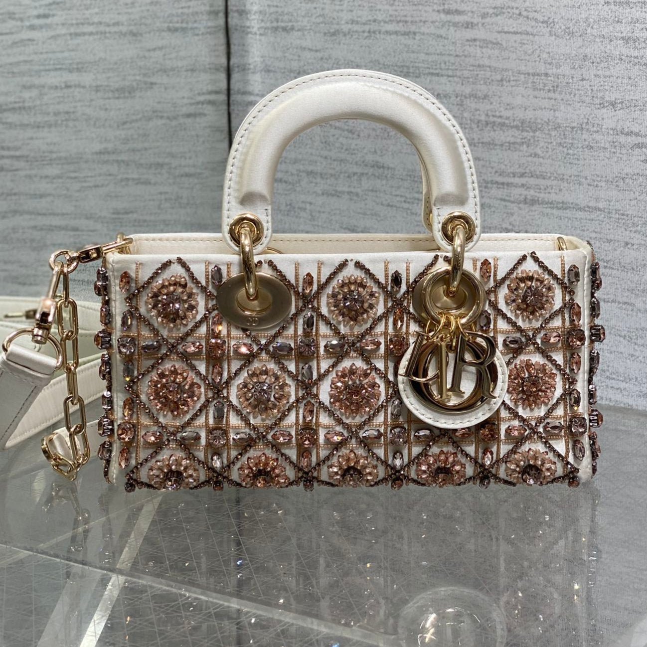 Dior Mini Lady White Satin Colorful Beaded Bag