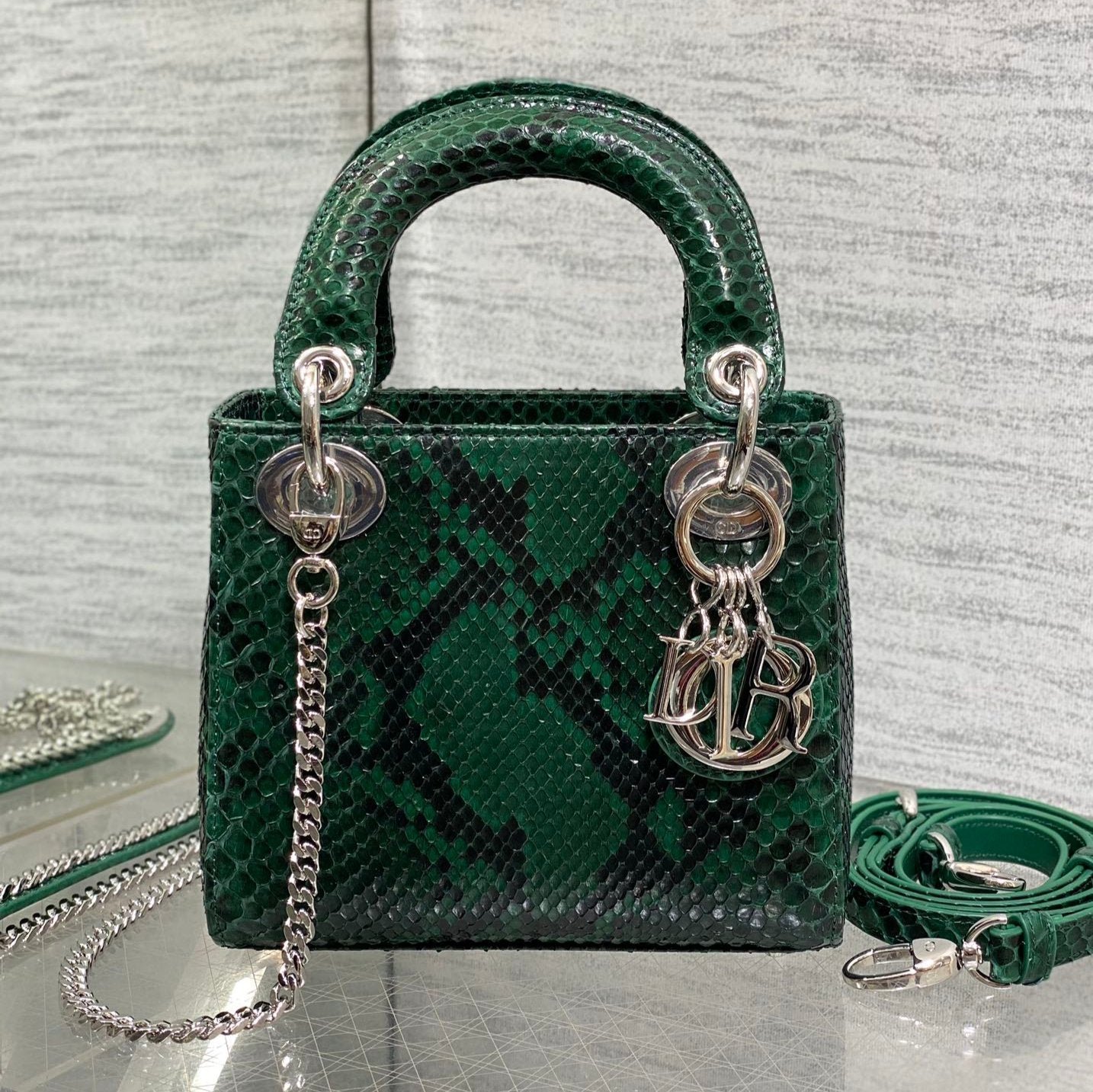 Dior Mini Lady Green Forest Black Snakeskin Bag