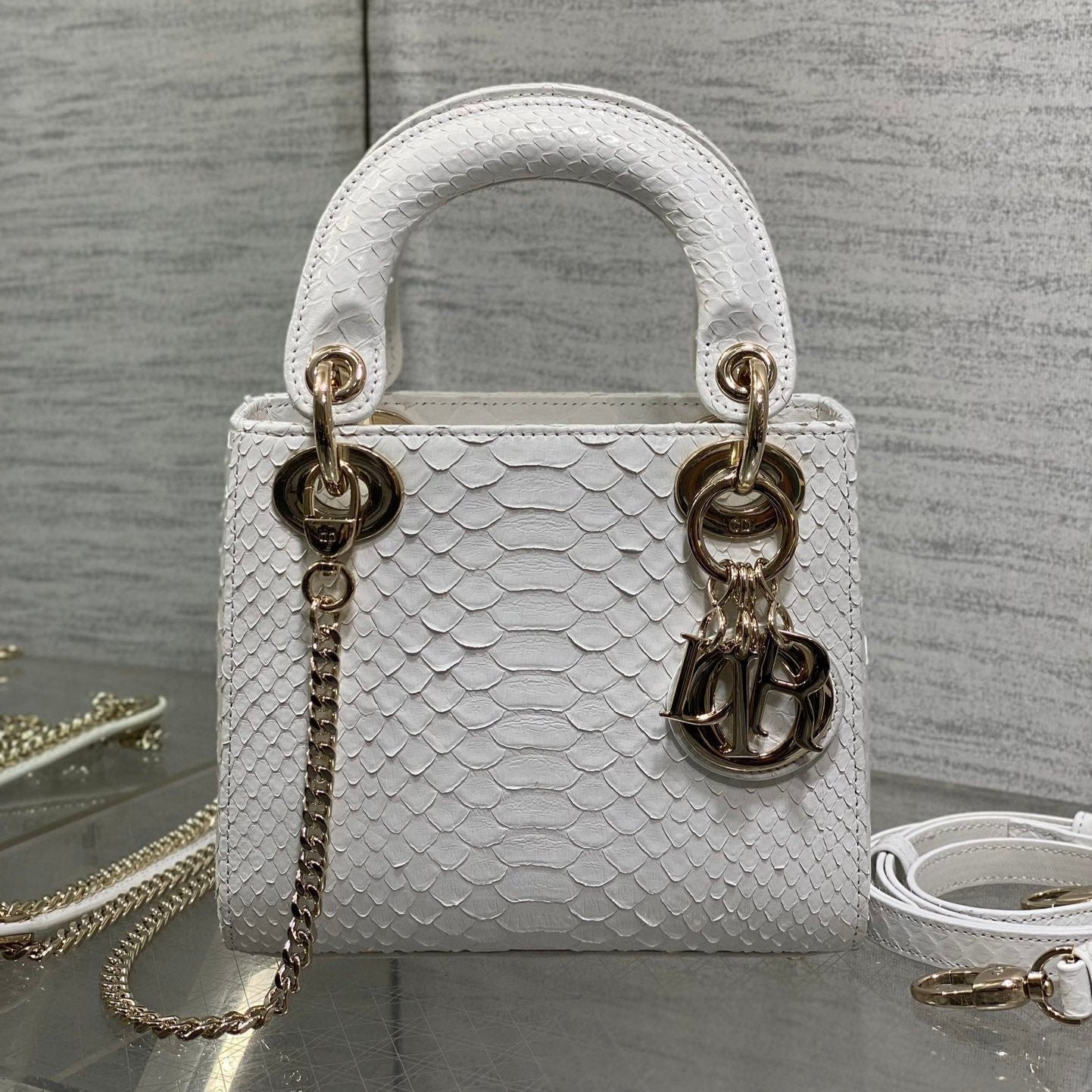 Dior Mini Lady White Snakeskin Lambskin Bag