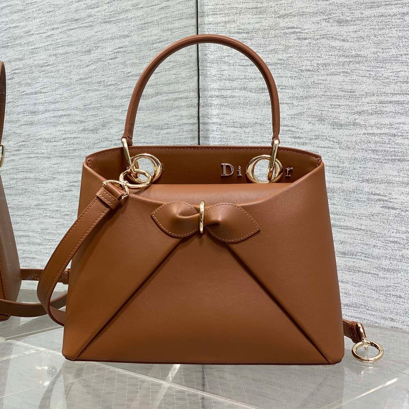 Dior Bow Series Caramel Brown Leather Tote Bag