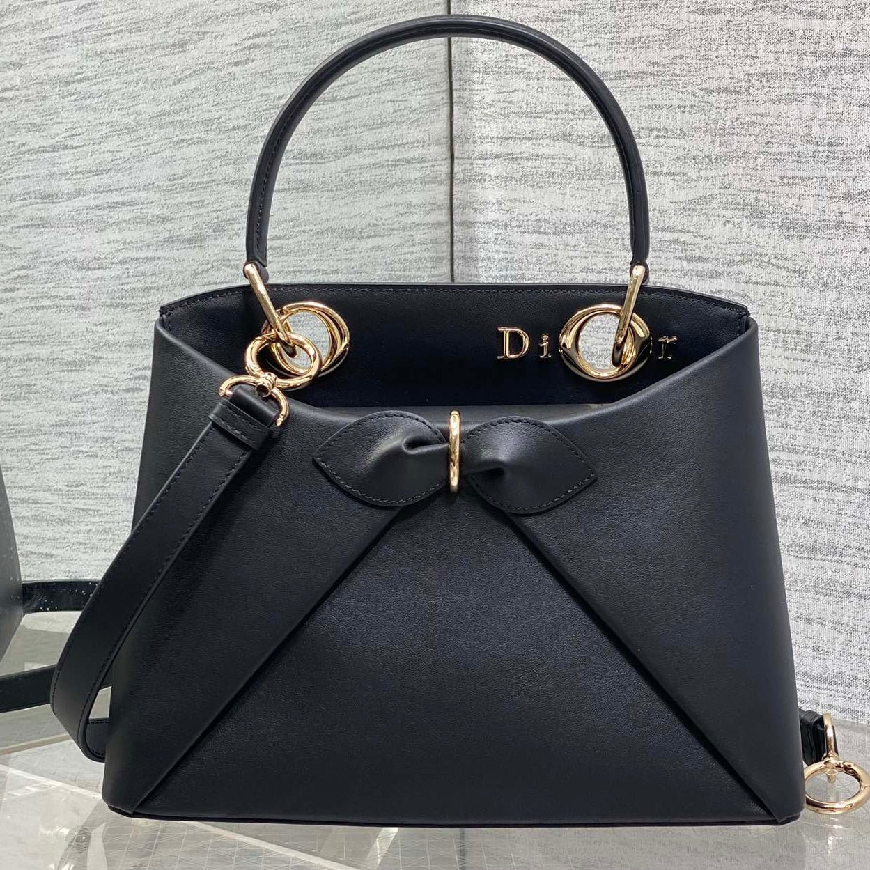 Dior Bow Series Classic Black Leather Versatile Tote Bag