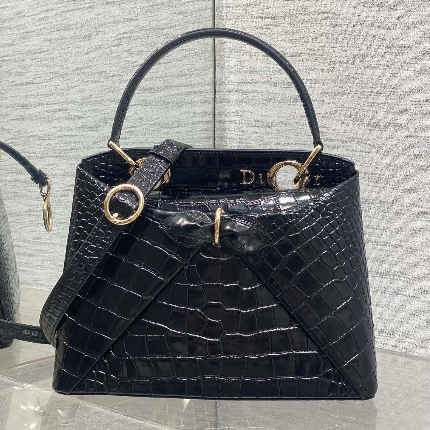Dior Croc-Embossed Series Black Leather Top Handle Bag