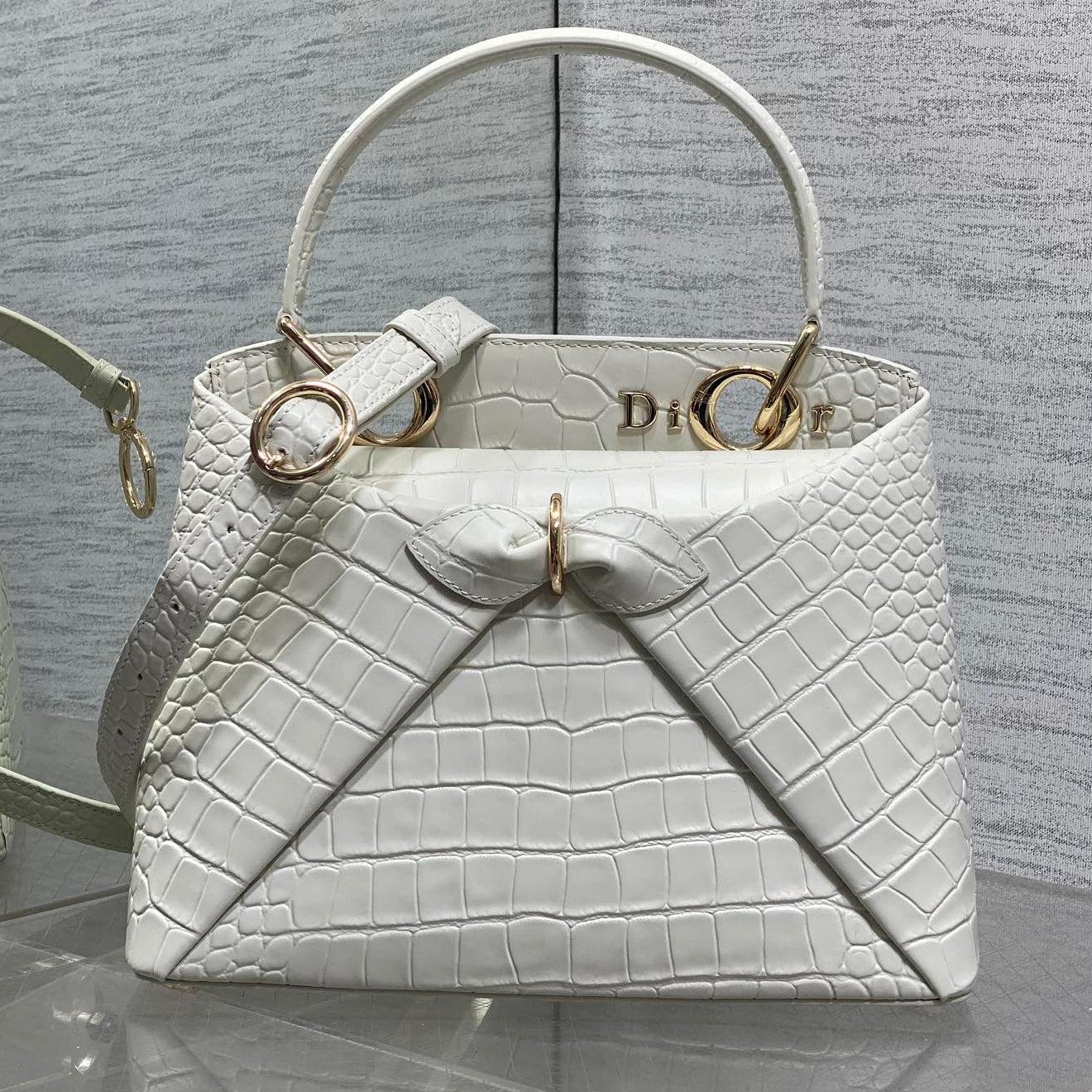 Dior Crocodile Pattern White Embossed Leather Hand Bag