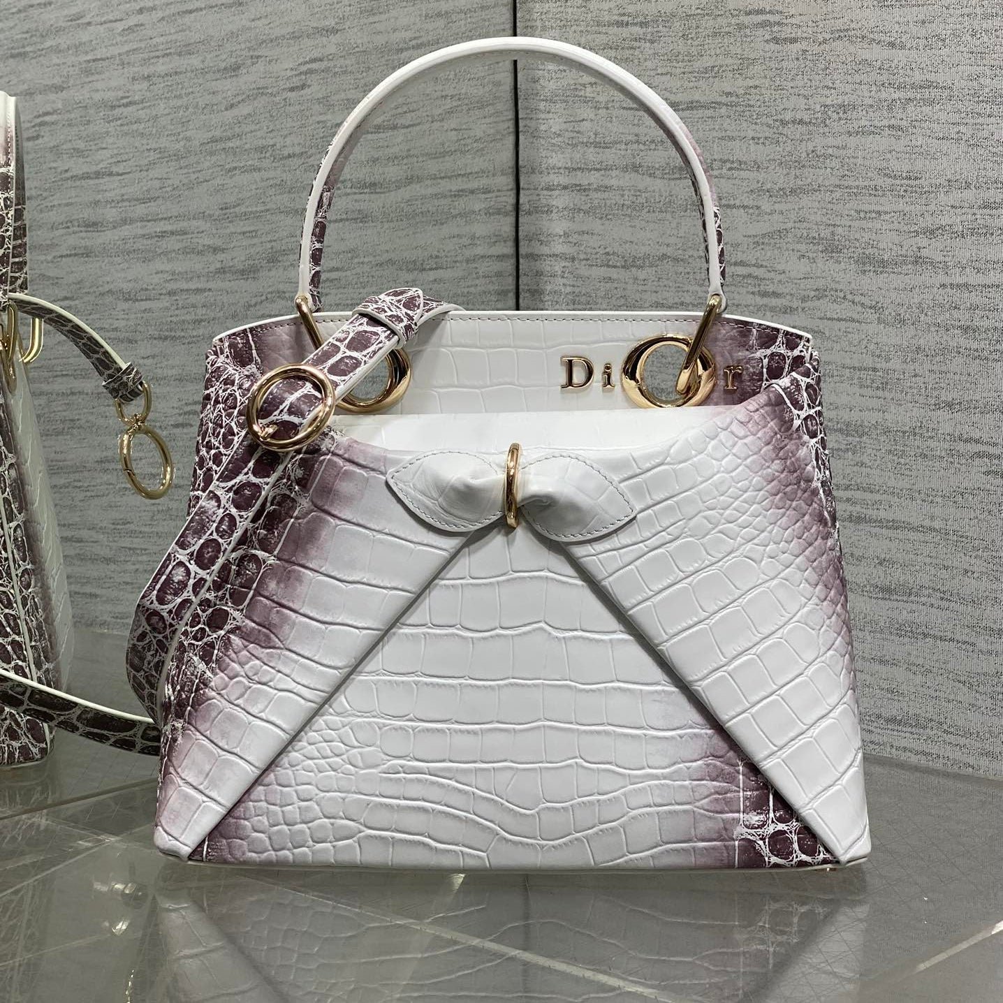 Dior Croc-Embossed Series White-Purple Leather Bag
