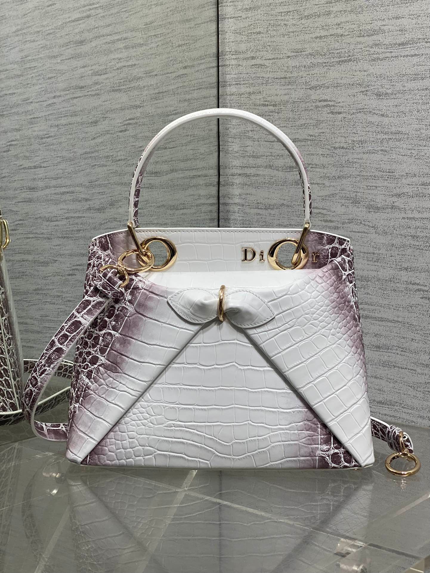 Dior Croc-Embossed Series White-Purple Leather Bag - Image 7