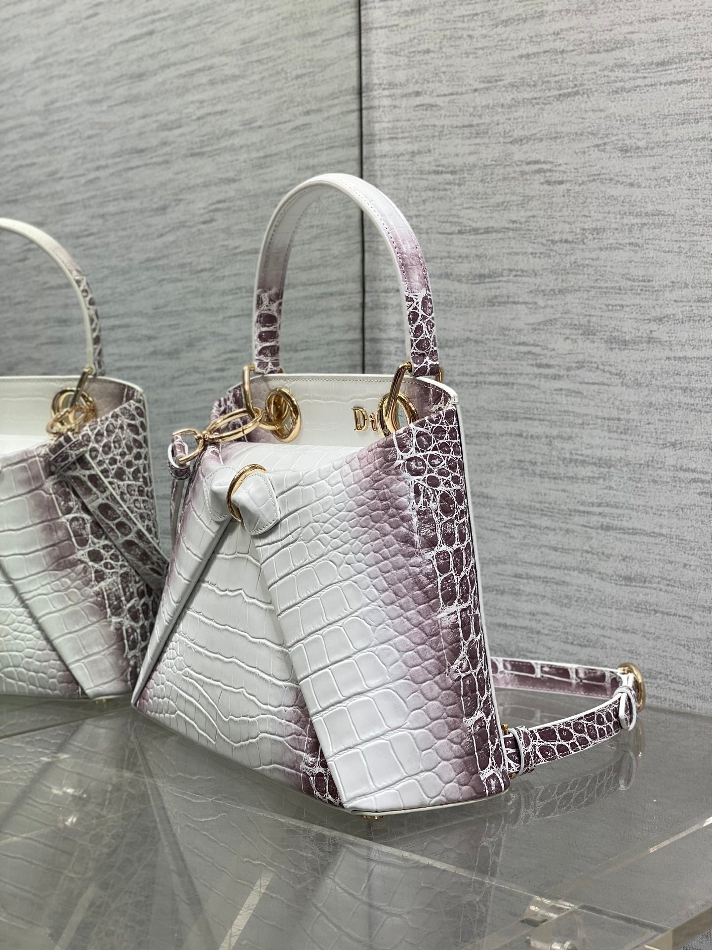 Dior Croc-Embossed Series White-Purple Leather Bag - Image 4